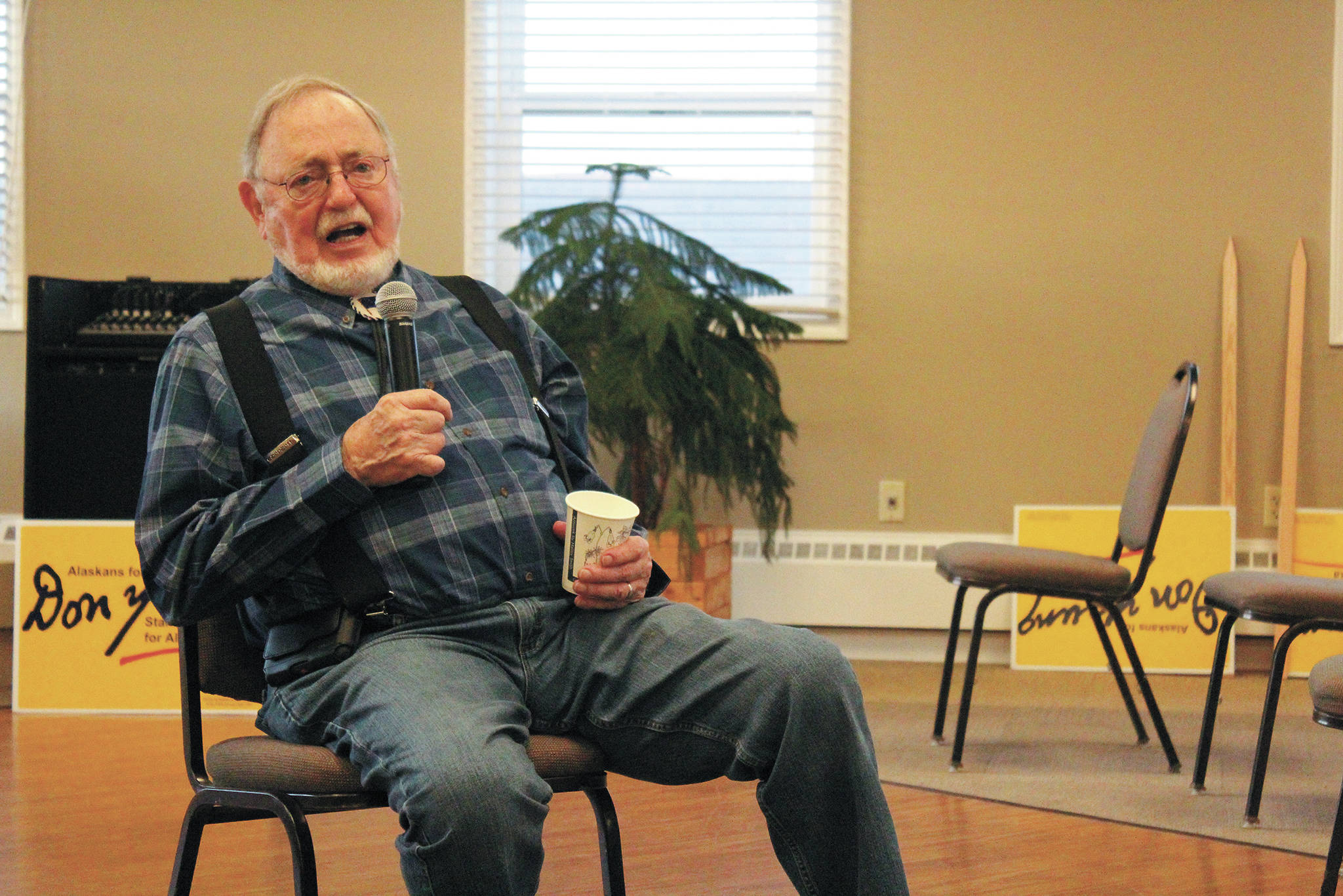 Rep. Don Young speaks during a campaign event Tuesday, Oct. 20, 2020 at Land’s End Resort in Homer, Alaska. (Photo by Megan Pacer/Homer News)