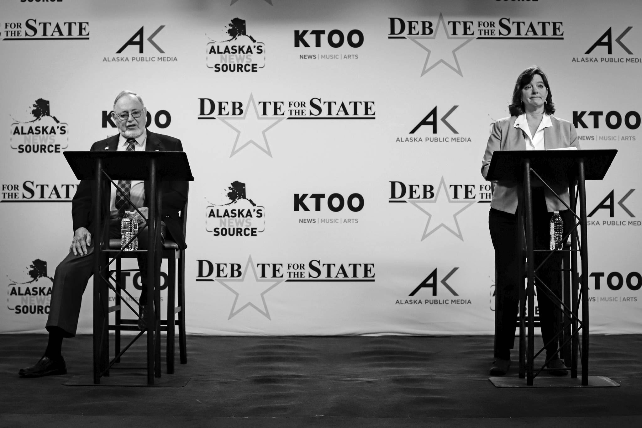 photo by Jeff Chen / Pool PhotoU.S. Rep. Don Young, left, and Alyse Galvin square off in a debate for the sole Alaska house seat Thursday, Oct. 22, in Anchorage. The debate between the candidates for Alaska’s sole seat in Congress became contentious Thursday, with challenger Galvin saying she’s tired of Young misrepresenting her position on issues.