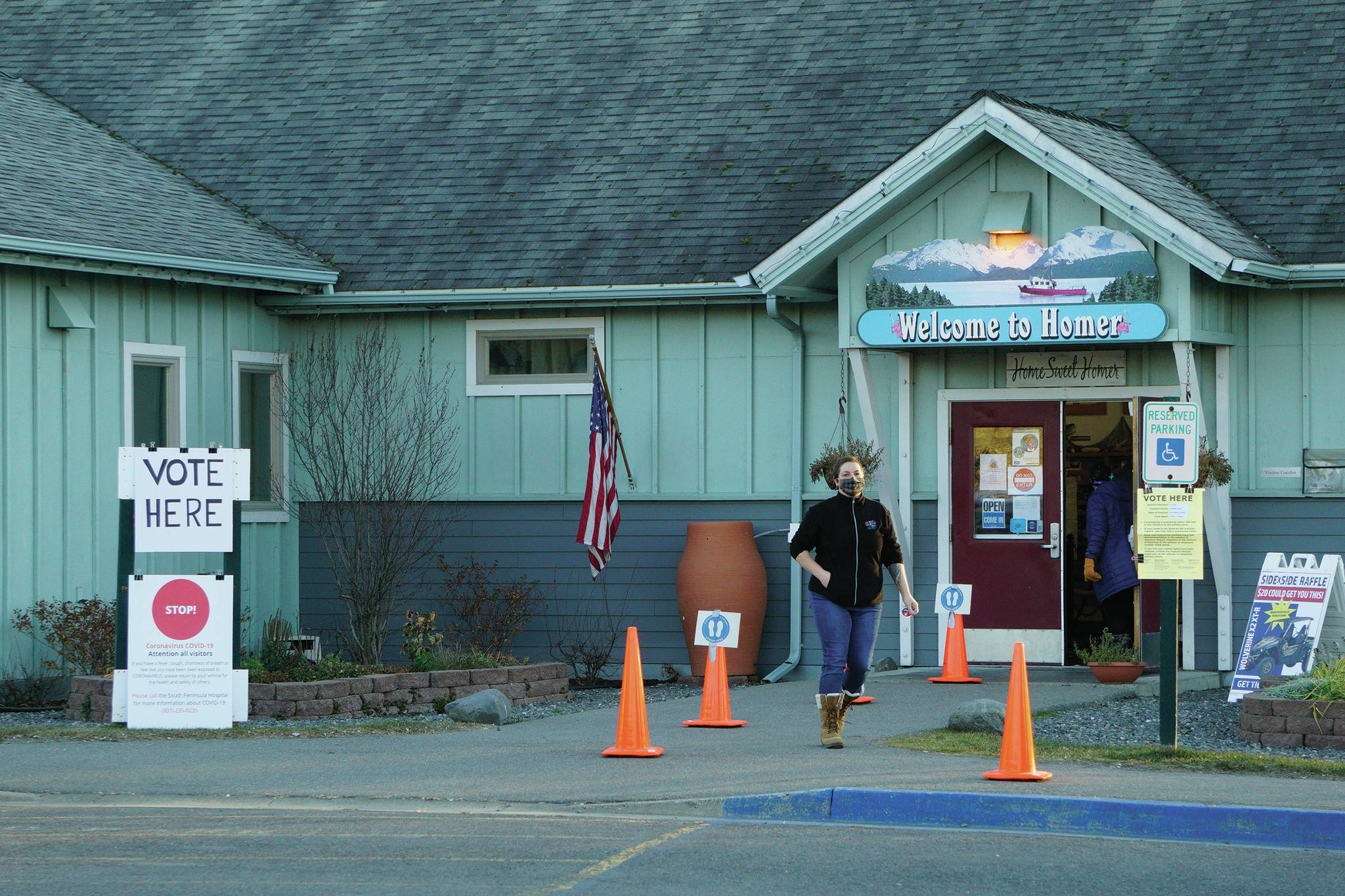 Jennifer Norton leaves the Homer Chamber of Commerce and Visitor Center on Tuesday, Nov. 3, 2020, after voting at the Diamond Ridge precinct in Homer, Alaska. (Photo by Michael Armstrong/Homer News)
