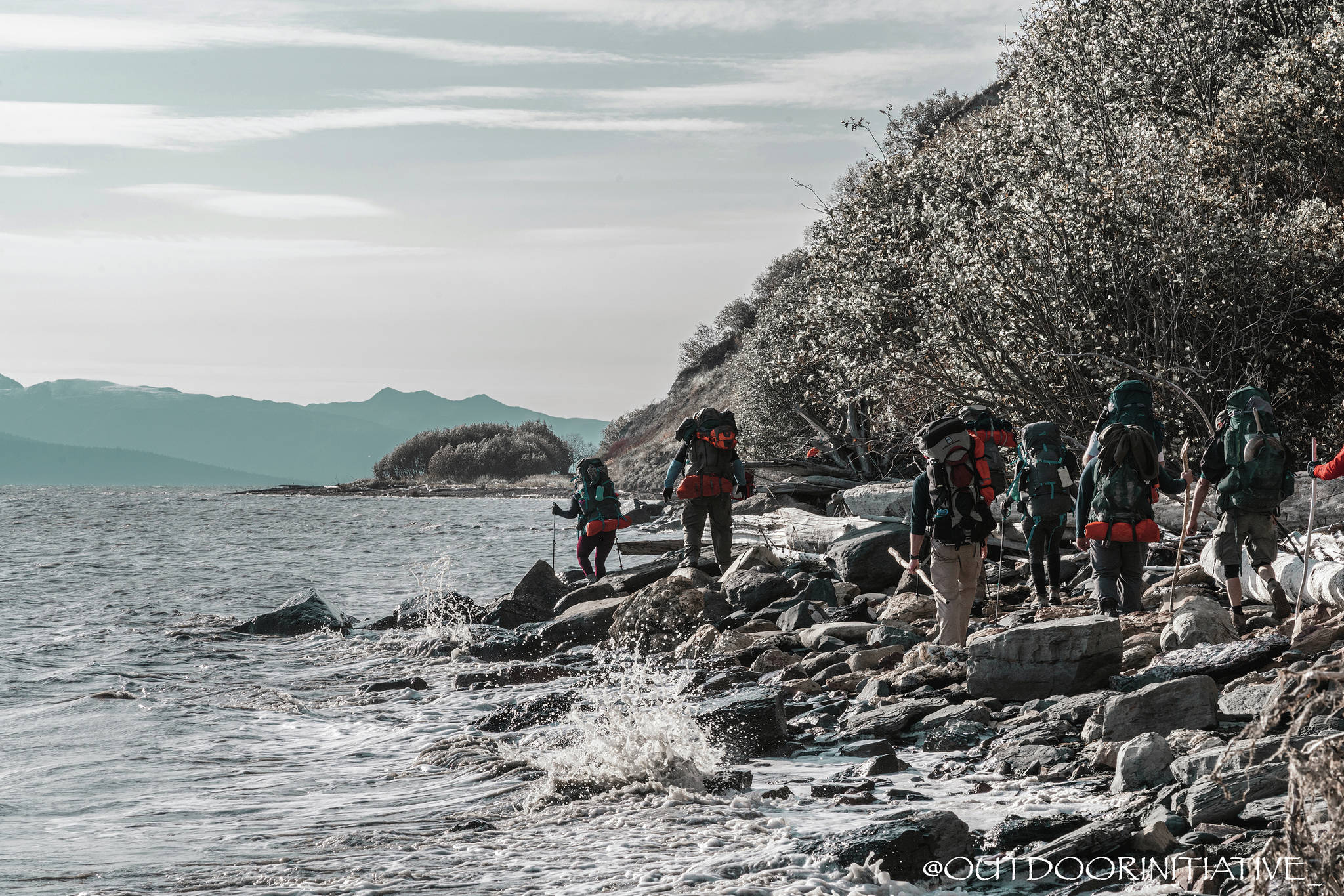 Veterans who participated in the 23rd Veteran trip to Homer, Alaska, scramble around rocks on an incoming tide on a Kachemak Bay beach during their trip Oct. 11 to 16, 2020, near Homer, Alaska. (Photo by Anthony Droz/Outdoor Initiative)