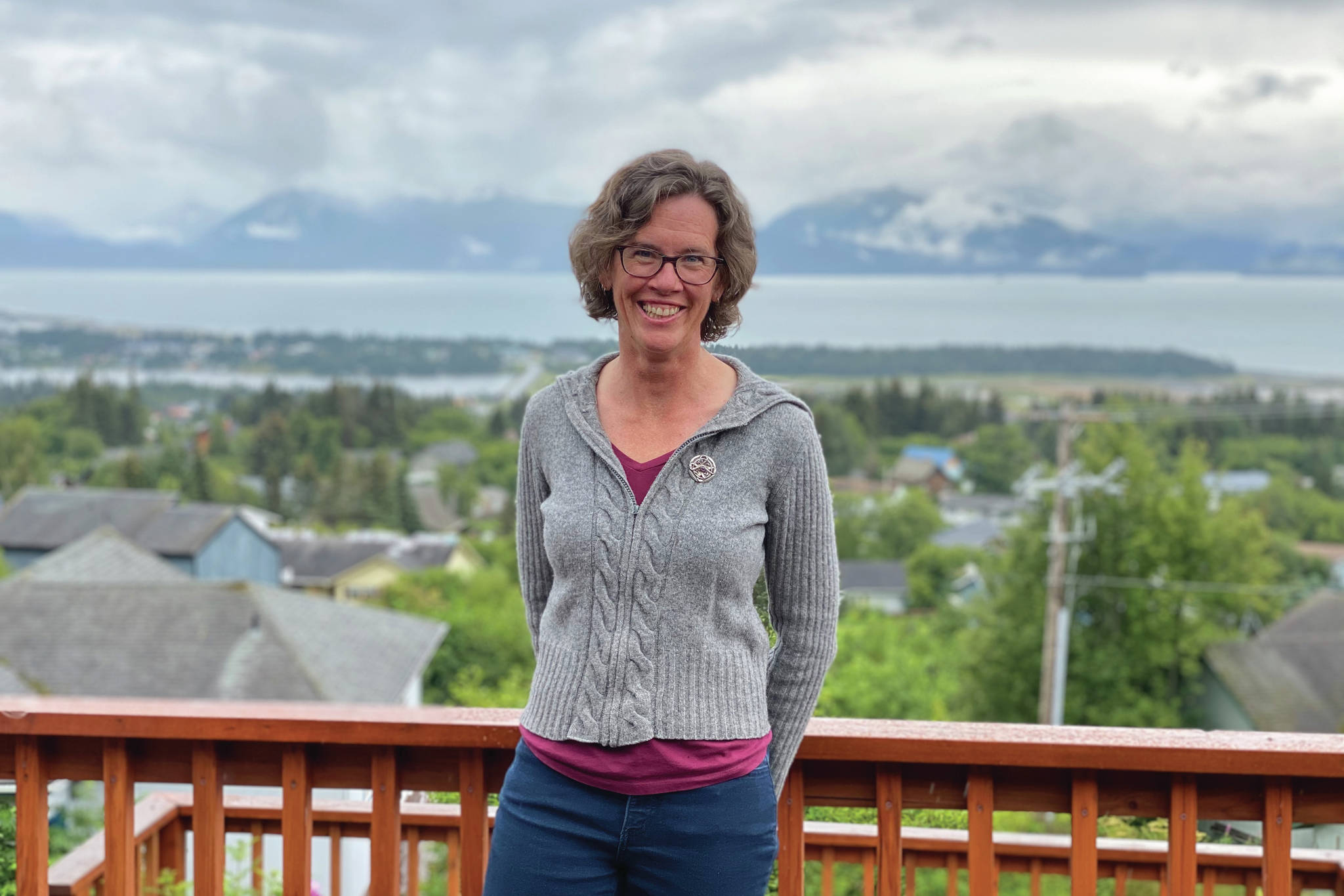 Woman of Distinction Kyra Wagner wears her award from South Peninsula Haven House in this photo taken July 25, 2020, in Homer, Alaska. (Photo courtesy South Peninsula Haven House)