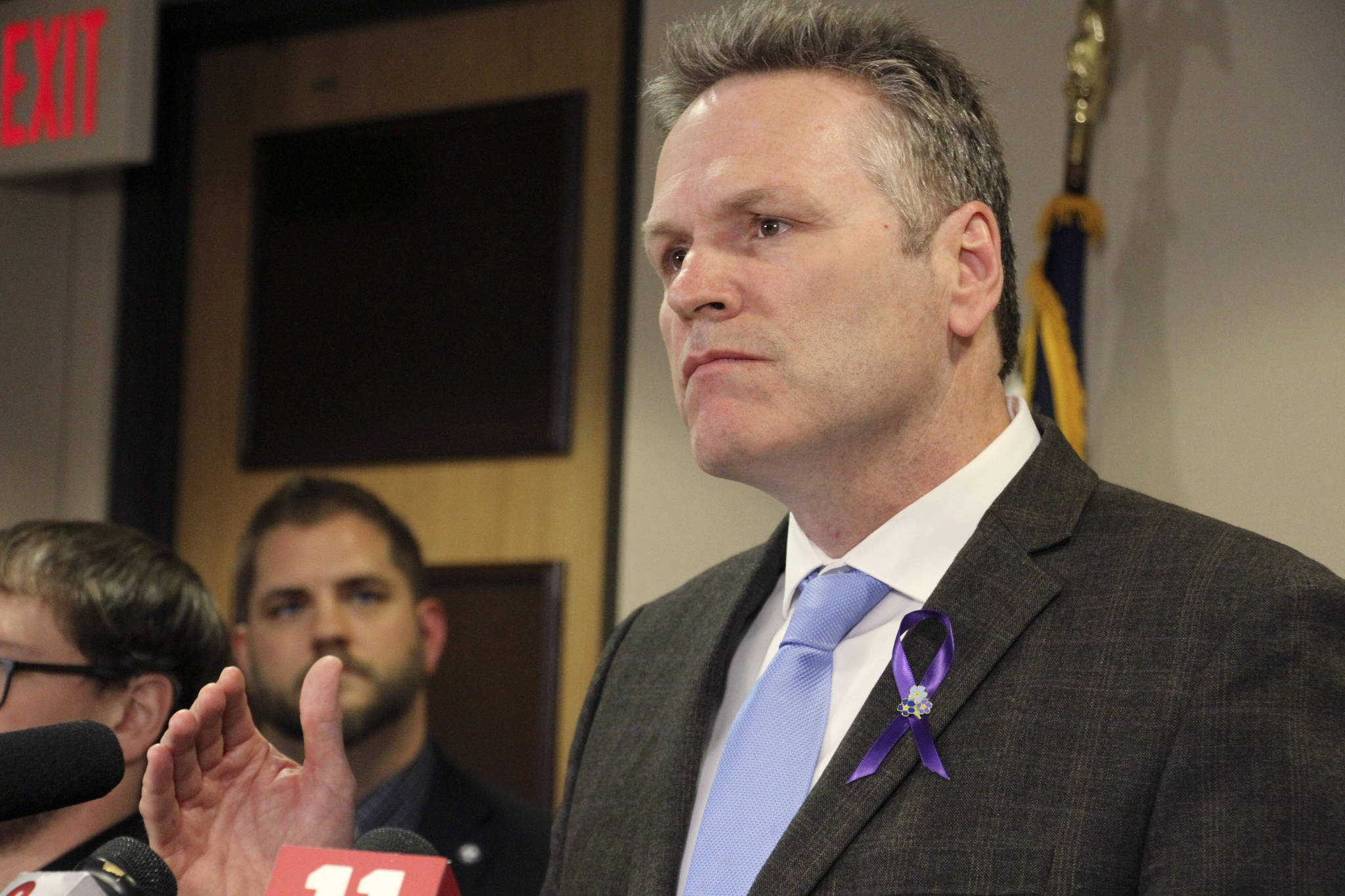 AP Photo / Mark Thiessen
Gov. Mike Dunleavy speaks during a news conference in Anchorage in March. Dunleavy faces criticism for his handling of COVID-19, from those who think he’s not doing enough to address rising case counts to those who think he’s been overreaching.