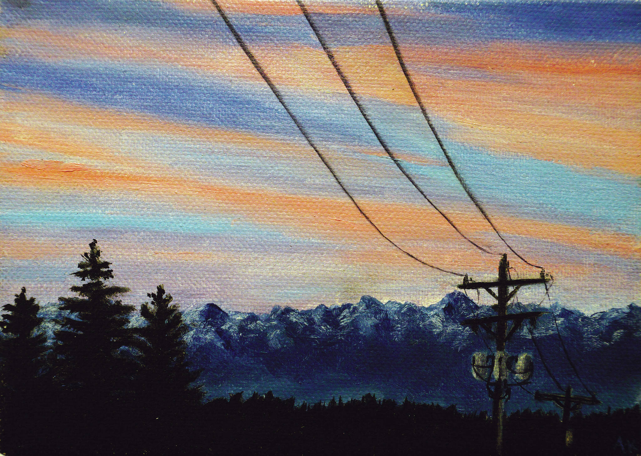 Amanda Kelly’s “Bunnell Street Sunrise” is one of the pieces in “Fun with 5x7” show at the Homer Council on the Arts, on display through Dec. 17, 2020, at the gallery in Homer, Alaska. (Photo by Michael Armstrong/Homer News)