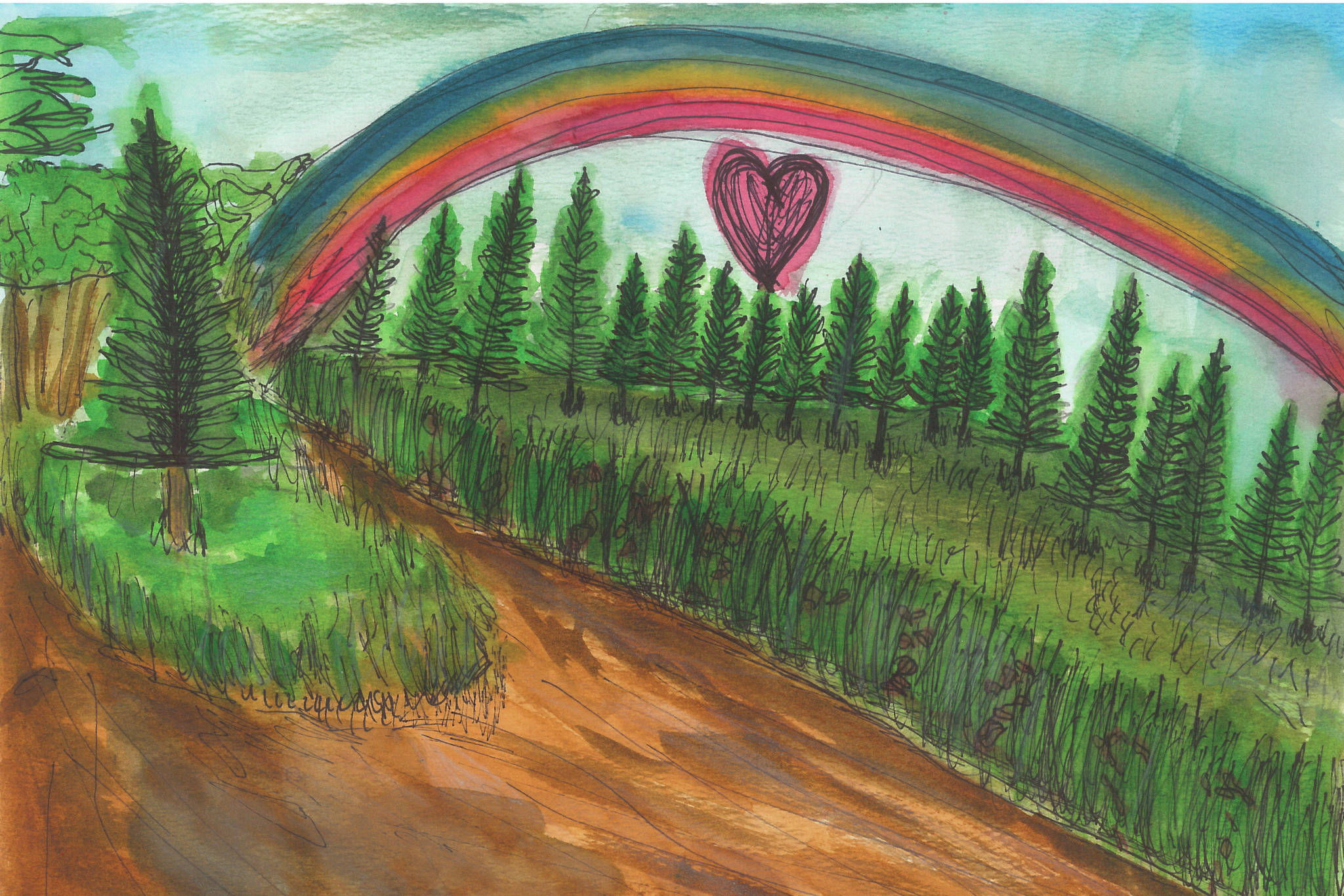 An ink and watercolor painting by Homer High School student Anna Neland was one of the pieces created for the Homer Council on the Arts' "Art from the Heart" project. Student artists created art that was shared in November 2020 with local seniors in isolation during the COVID-19 pandemic in Homer, Alaska. (Photo courtesy Homer Council on the Arts)