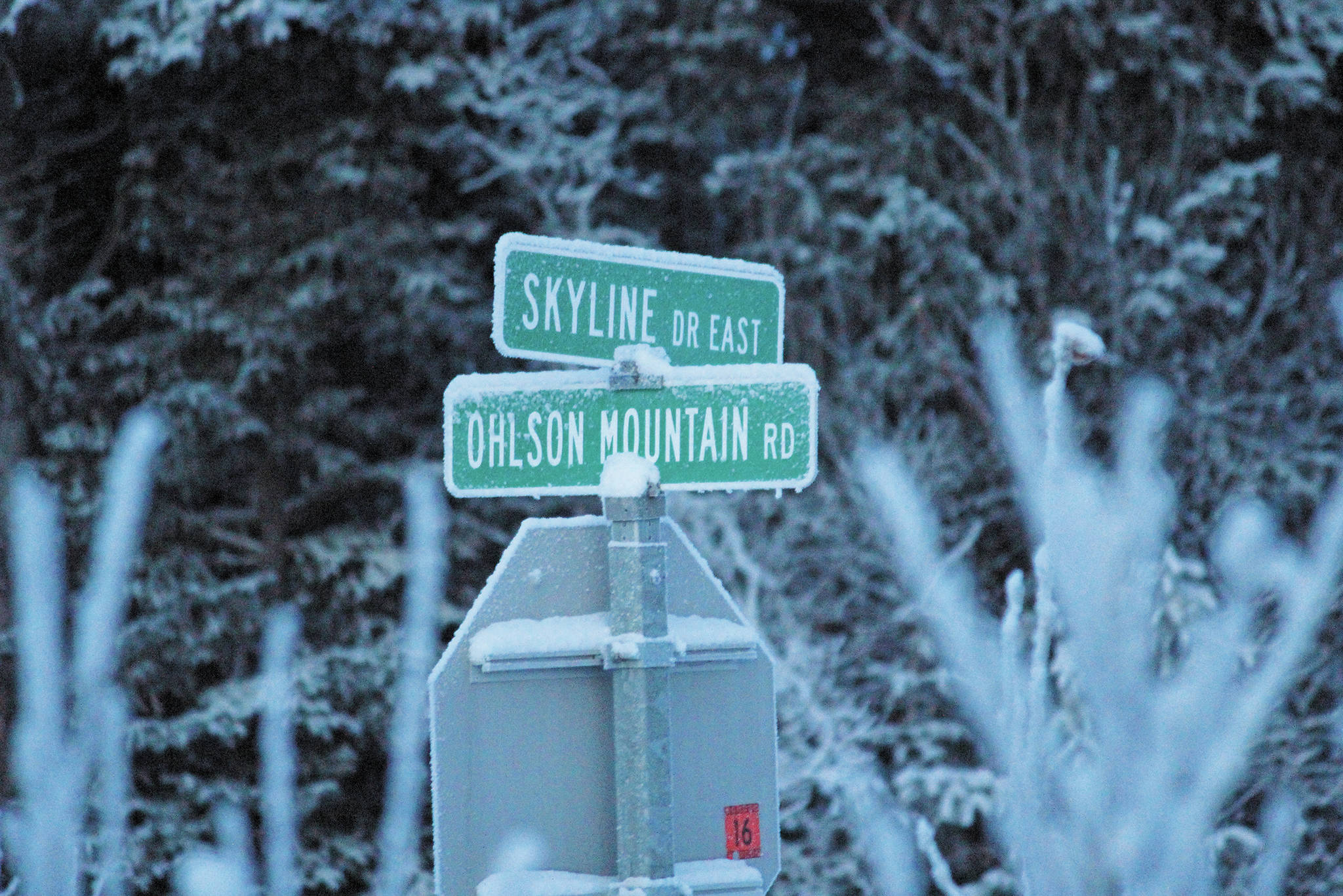 The intersection of Skyline Drive and Ohlson Mountain Road, seen here Thursday, Dec. 10, 2020 outside Homer, Alaska. Residents of Ohlson Mountain Road have concerns about safety and speeding in the area, and the Kenai Peninsula Borough Assembly has formally asked the Alaska Department of Transportation and Public Facilities to conduct safety and speed studies on the road. (Photo by Megan Pacer/Homer News)