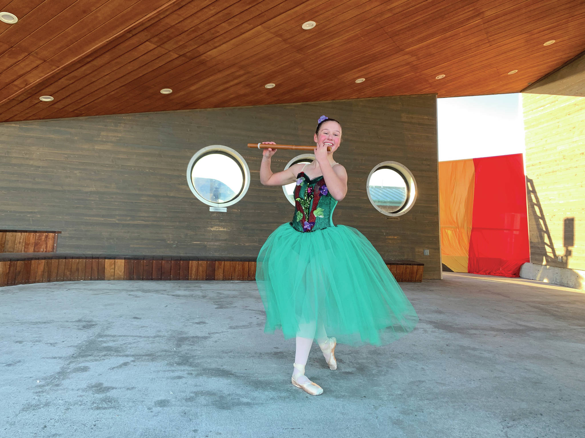 Ireland Styvar dances on Nov. 18, 2020, at the Homer Boathouse Pavillion in a scene for the “Petite Nutcracker Ballet” in Homer, Alaska. (Photo by Jennifer Norton)