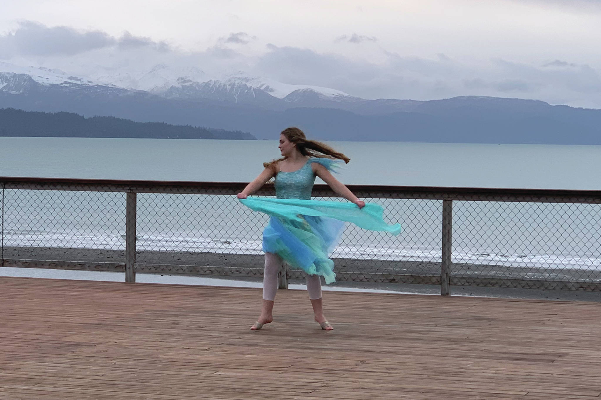 Aiyana Cline dances a scene on Nov. 11, 2020, for the “Petite Nutcracker Ballet” at the Kachemak Bay Oyster Co-op deck on the Homer Spit in Homer, Alaska. (Photo courtesy Homer Nutcracker Productions)