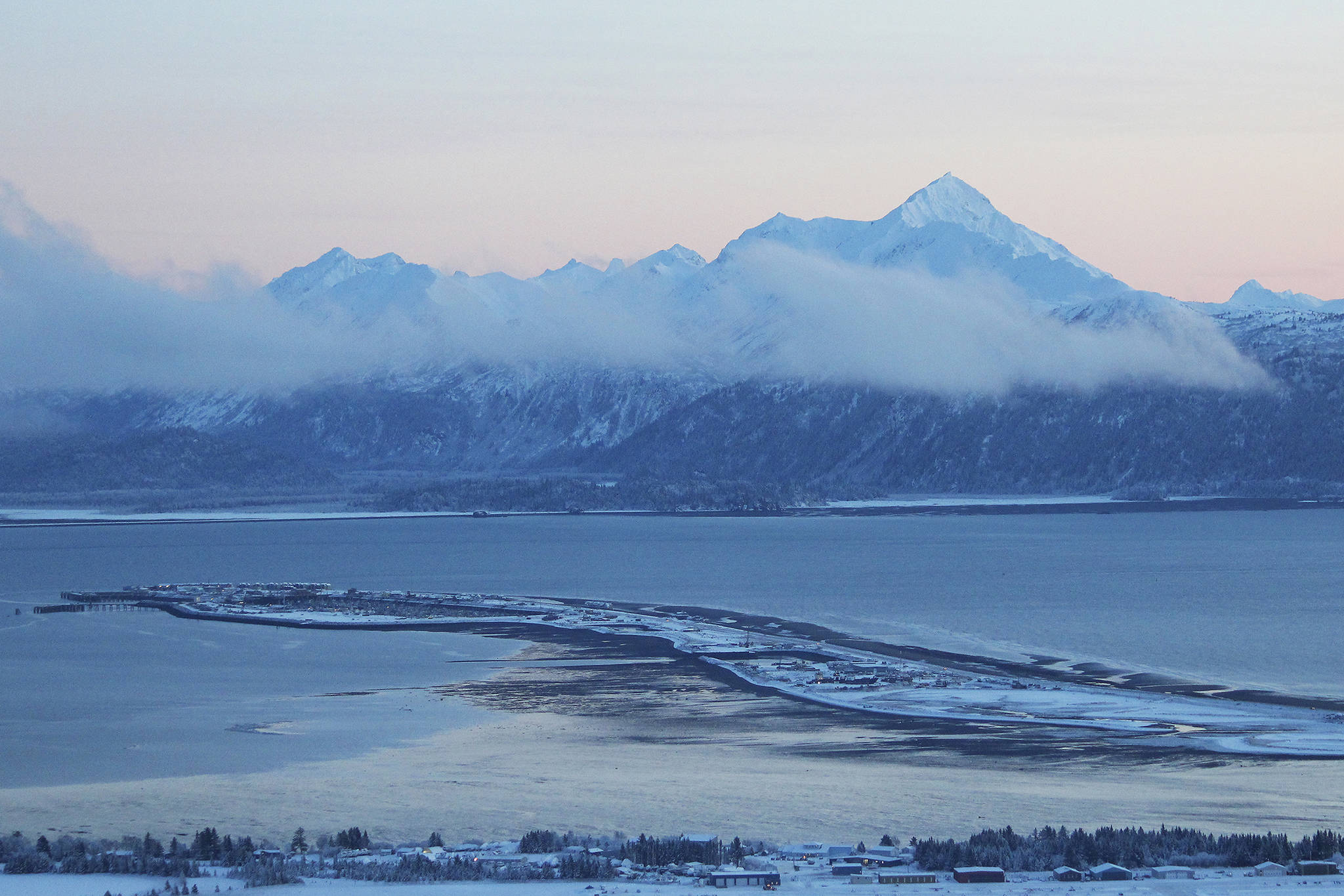 The Homer Spit stretching into Kachemak Bay is seen here on Thursday, Dec. 10, 2020 in Homer, Alaska. (Photo by Megan Pacer/Homer News)