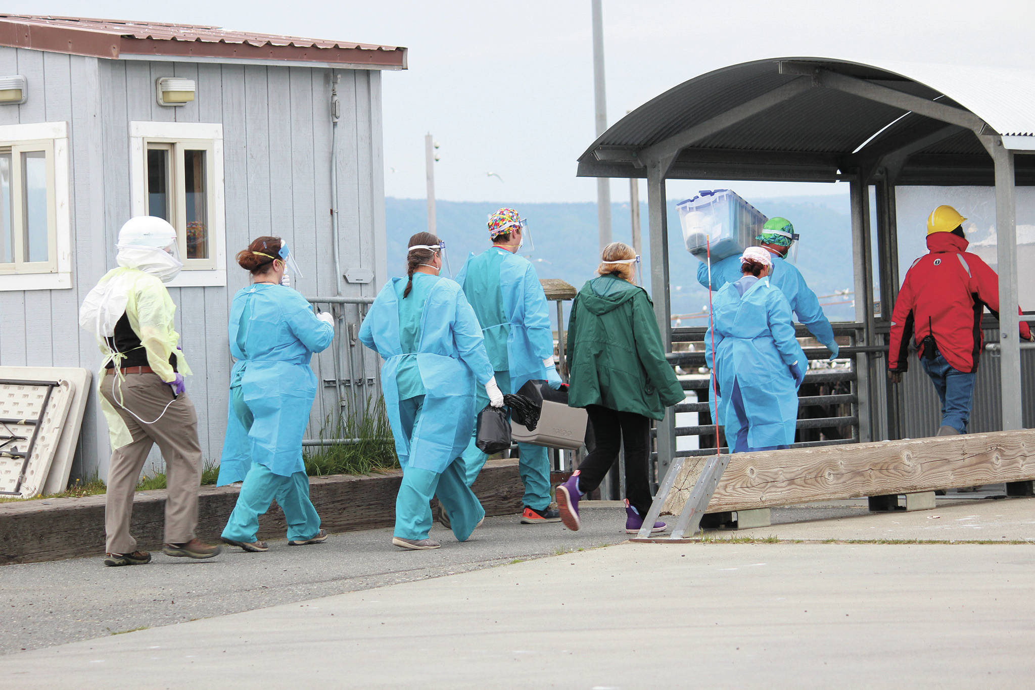 Staff from South Peninsula Hospital and Homer Public Health prepare to board the M/V Tustumena to test 35 crew and six passengers after it docked at the Homer Ferry Terminal on Monday, June 8, 2020 in Homer, Alaska. (Photo by Megan Pacer/Homer News)