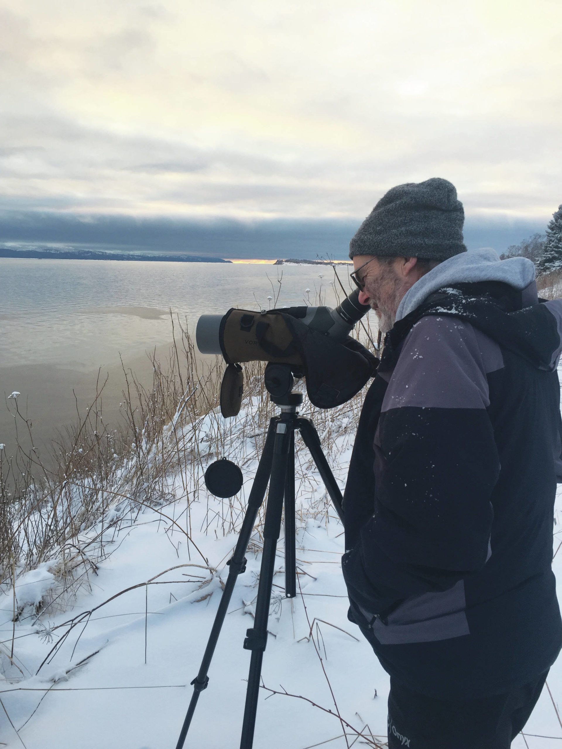 Tim Quinn looks for birds in Kachemak Bay during the Christmas Bird Count on Saturday, Dec. 19, 2020, in Homer, Alaska. (Photo by Jim Herbert)