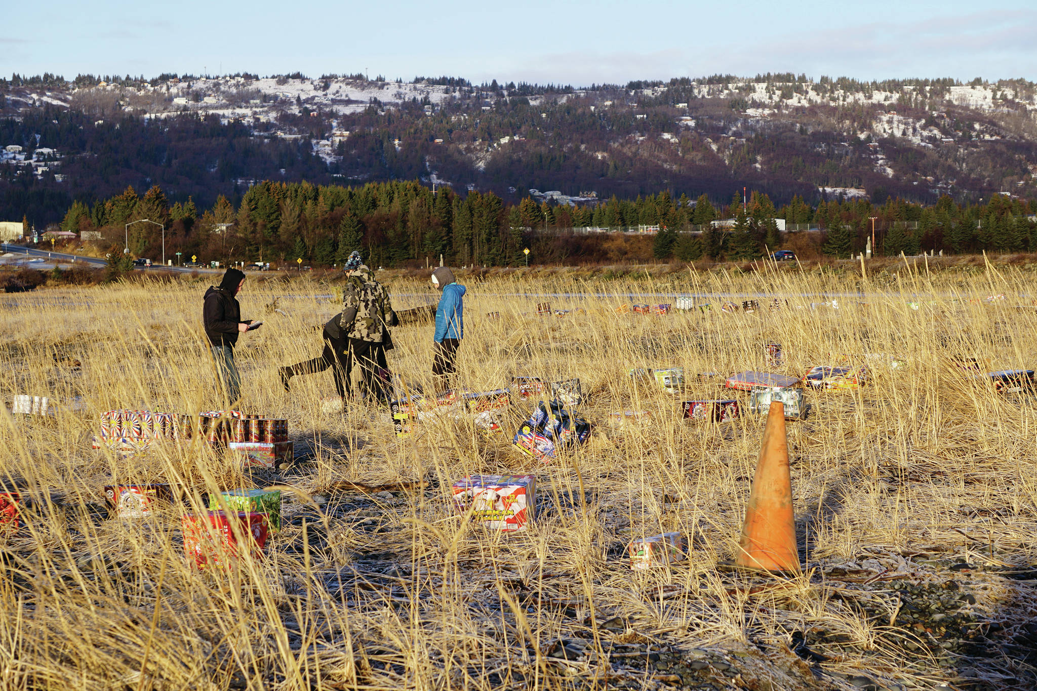 Fireworks are set up on Thursday, Dec. 31, 2020, in advance of the show later that night at Mariner Park on the Homer Spit in Homer, Alaska. (Photo by Michael Armstrong/Homer News)