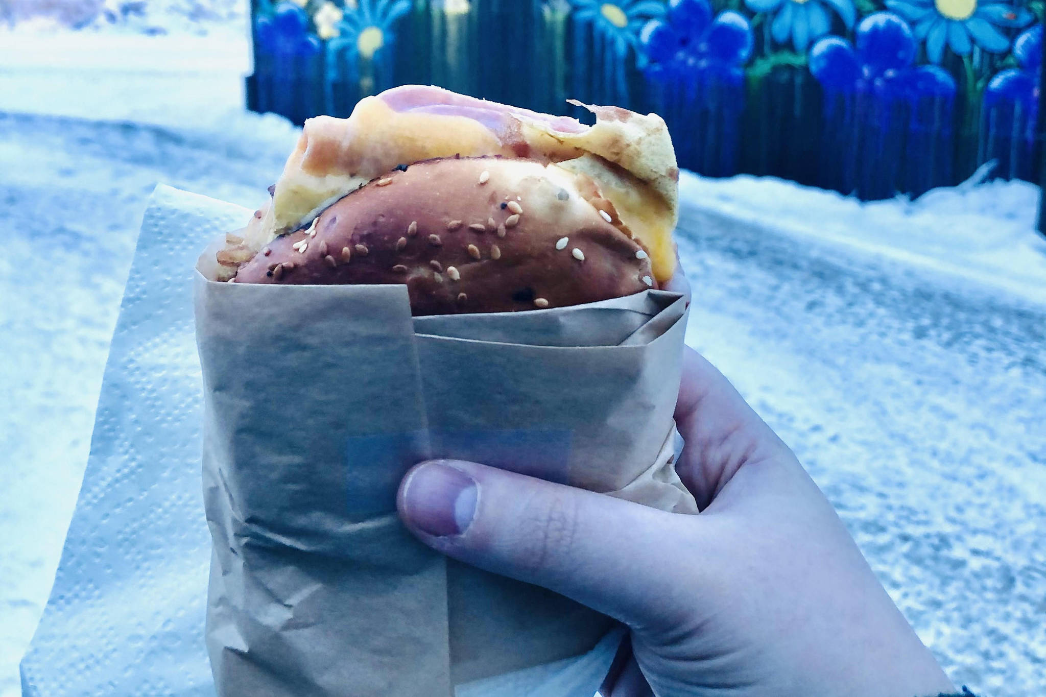 My favorite breakfast bagel sandwich from my favorite neighborhood coffee shack, on Jan. 5, 2020, in Anchorage, Alaska. (Photo by Victoria Petersen/Peninsula Clarion)