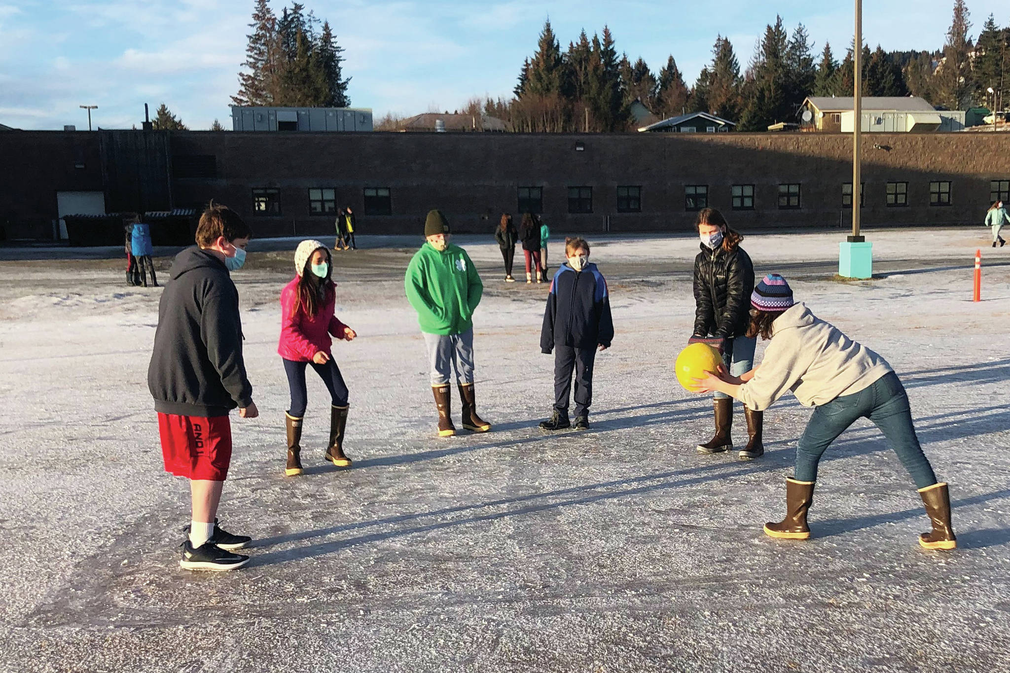 Students play during recess on Monday, Jan. 11, 2021 at West Homer Elementary School in Homer, Alaska. Elementary students were able to return to onsite schooling five days a week starting Monday. (Photo courtesy Joni Wise/West Homer Elementary School)