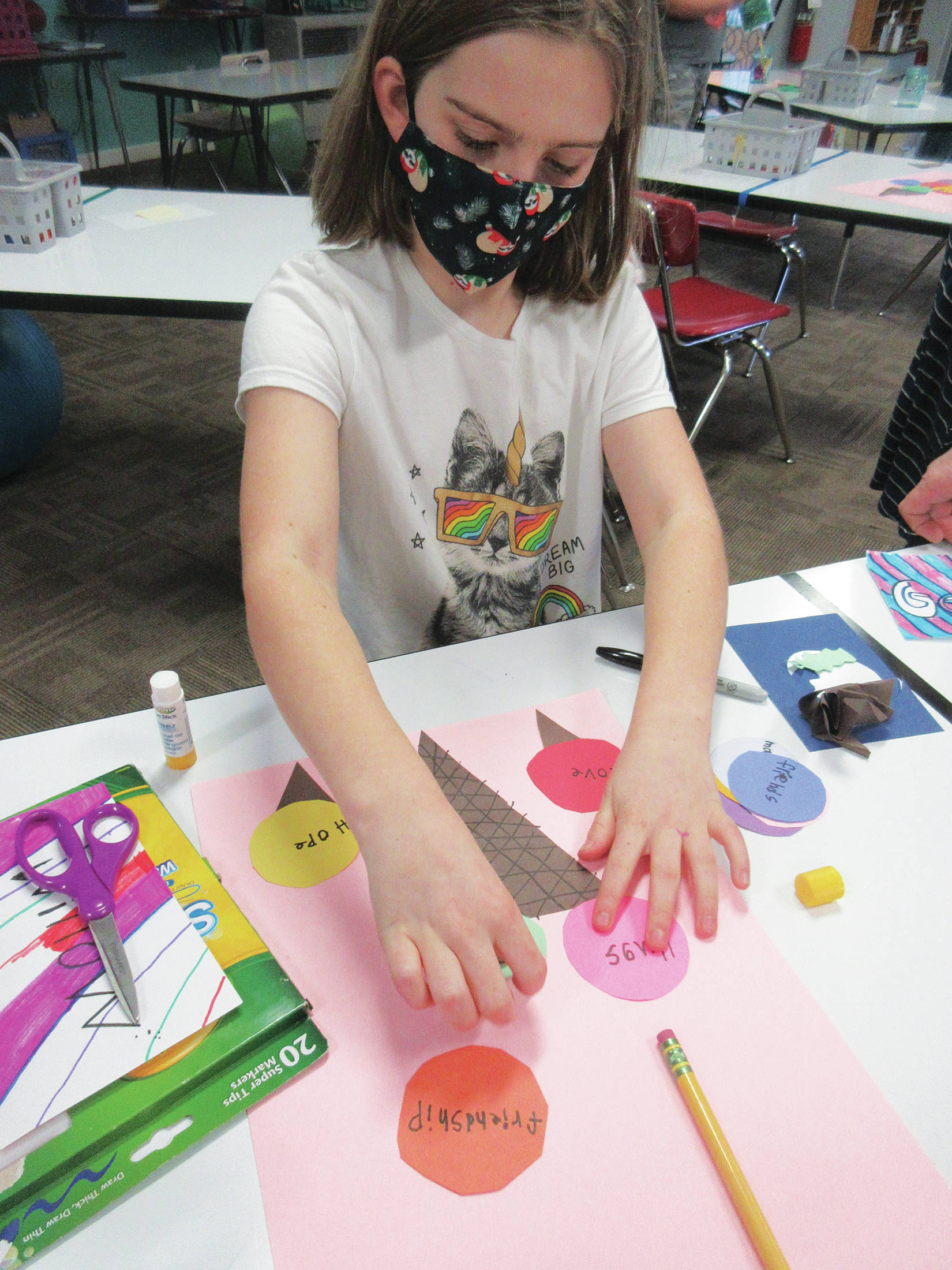 Student Willow Bouman works on a “thankful ice cream” art project on Monday, Jan. 11, 2021 at Fireweed Academy in Homer, Alaska. Students in elementary school were able to return to onsite education five days a week starting Monday. (Photo courtesy Joni Wise/West Homer Elementary School)