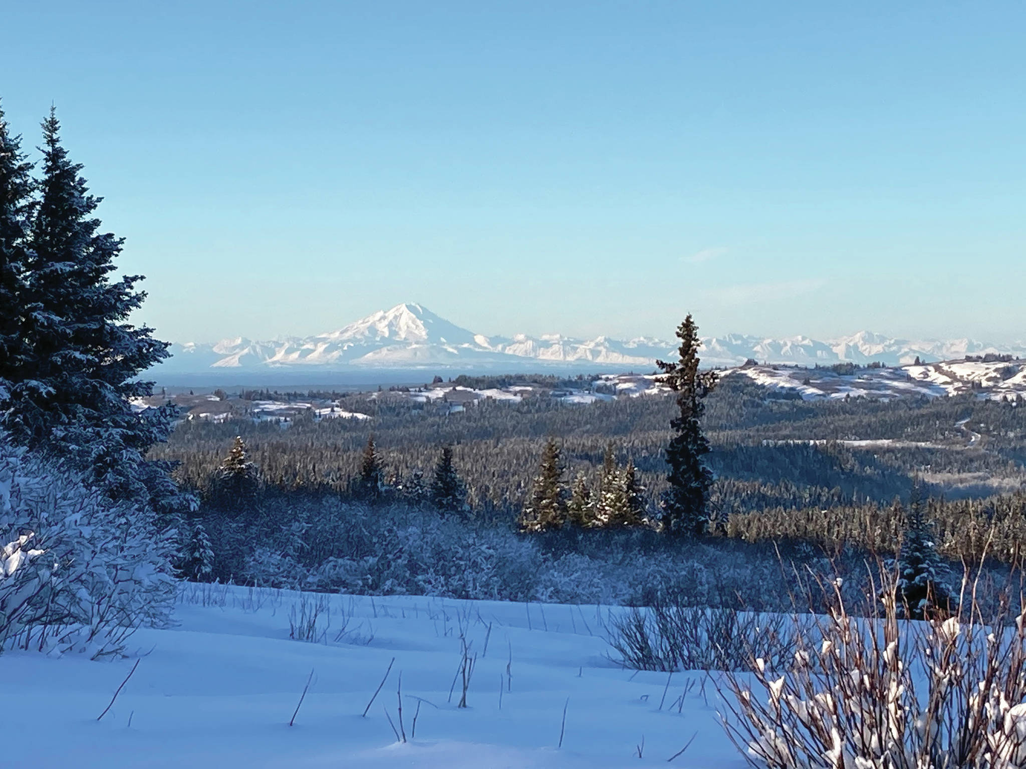 Mt. Redoubt can be seen across Cook Inlet from Diamond Ridge on the Marathon Ski Trail on Sunday, Jan. 24, 2021, near Homer, Alaska. About 4 feet of snow has fallen on Diamond Ridge and Kachemak Nordic Ski Club groomers have begun setting the trail from Lookout Mountain to Diamond Ridge Road. (Photo by Michael Armstrong/Homer News)