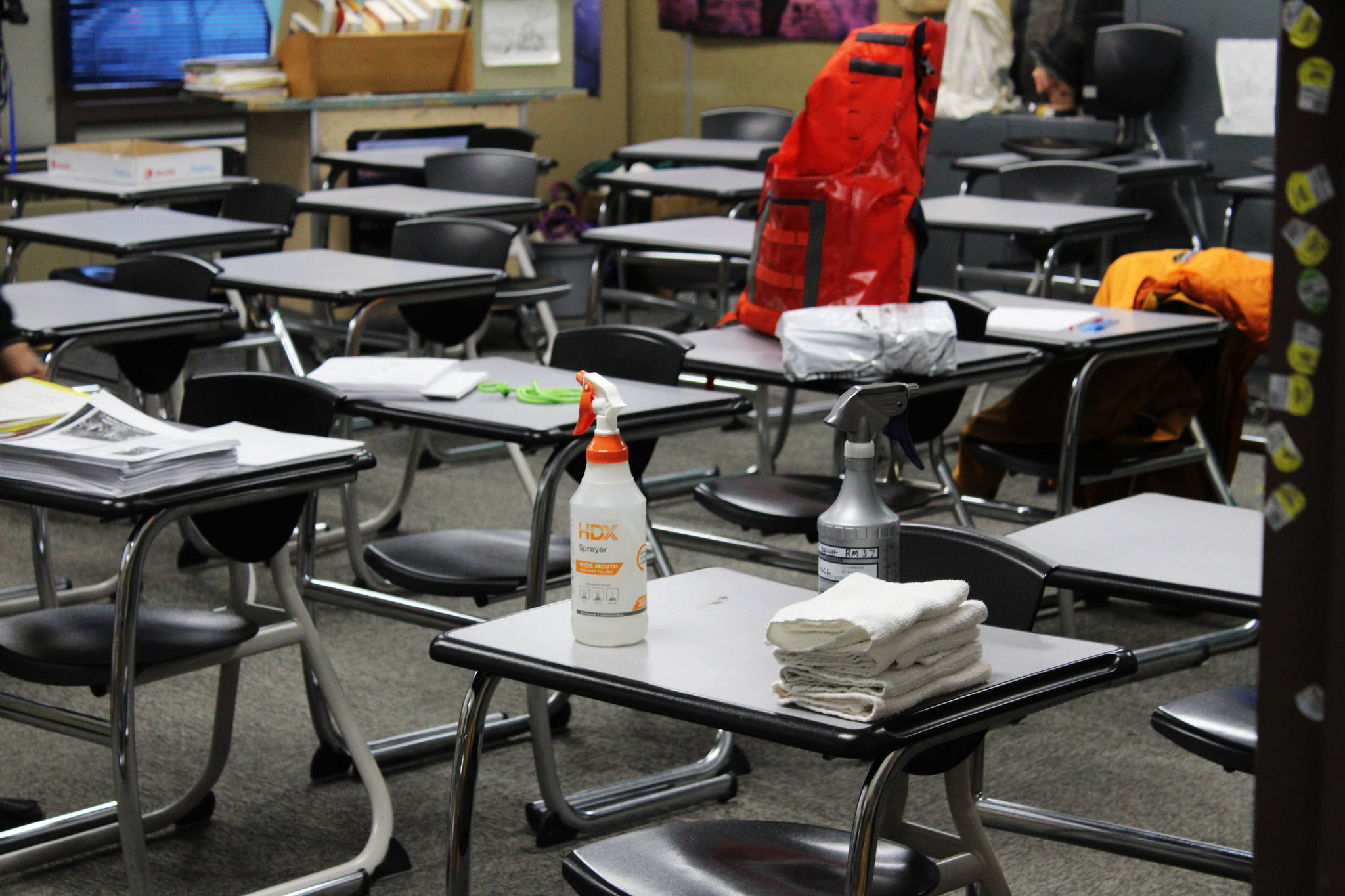 Sanitization equipment is seen inside of a classroom at Kenai Middle School on Friday, Jan. 8 in Kenai, Alaska. (Ashlyn O’Hara/Peninsula Clarion)