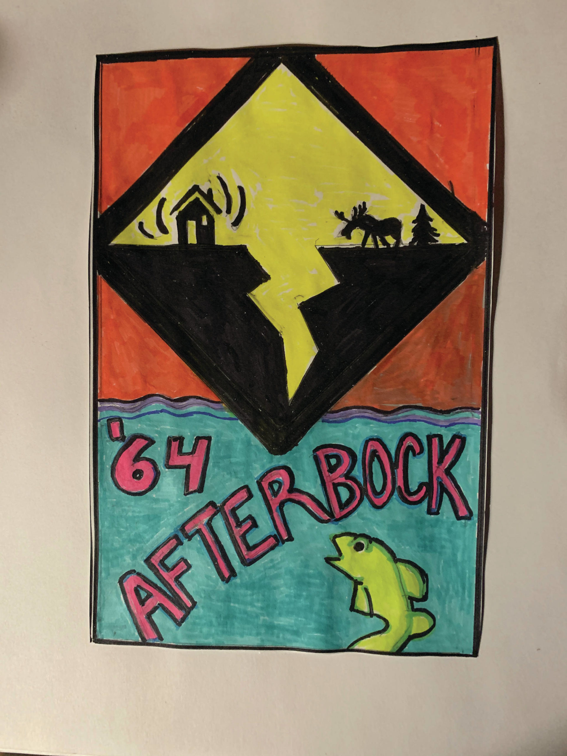 Coowe Walker’s design for Grace Ridge Brewery’s ‘64 Afterbock beer label contest to commemorate the 20th anniversary of the Kachemak Bay National Estuarine Research Reserve (KBNERR). The designs go on exhibit and the winning label will be revealed Friday, Feb. 5, 2021, at the brewery in Homer, Alaska. (Photo courtesy of Grace Ridge Brewery)