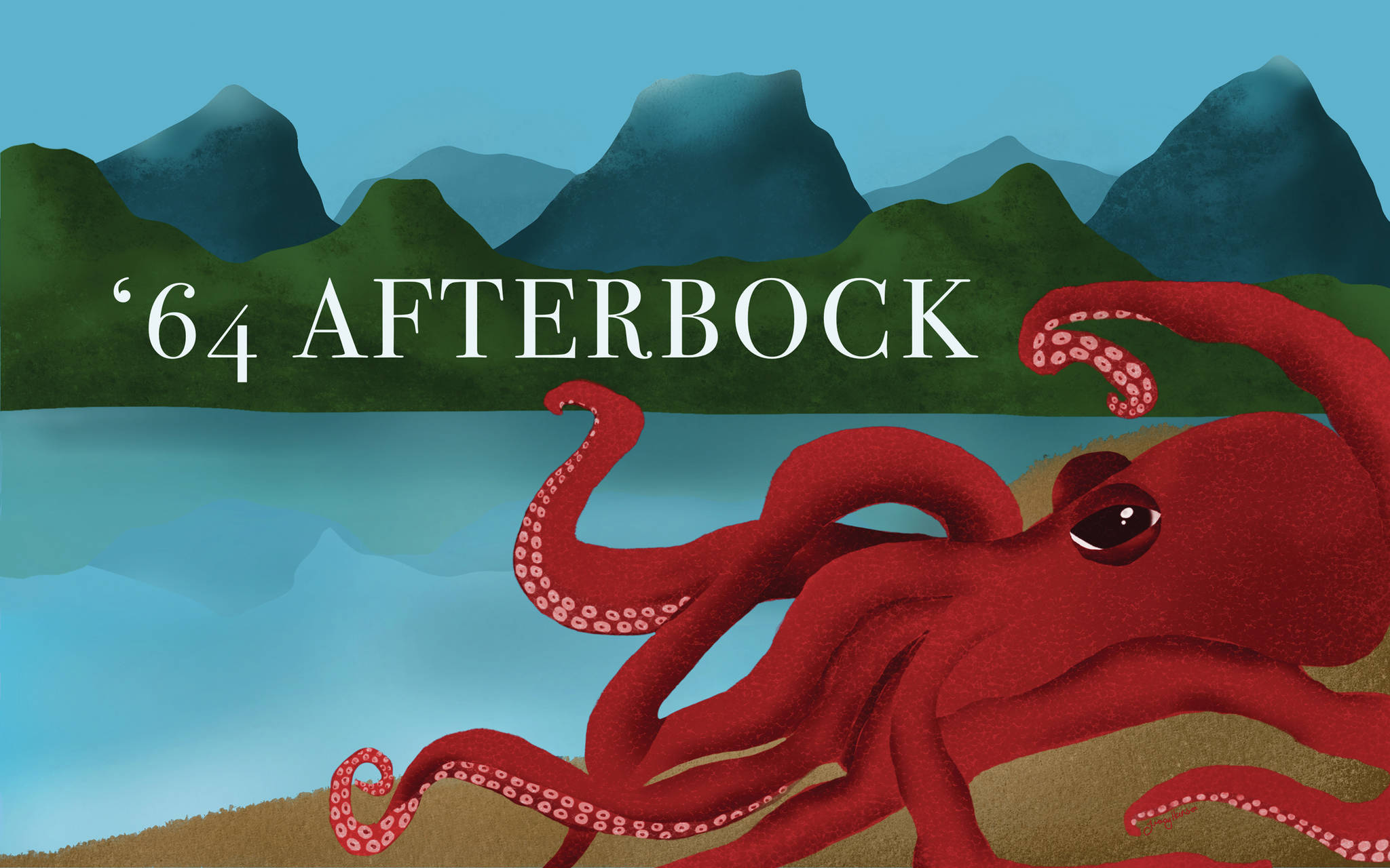 Tracey Hansen’s design for Grace Ridge Brewery’s ‘64 Afterbock beer label contest to commemorate the 20th anniversary of the Kachemak Bay National Estuarine Research Reserve (KBNERR). The designs go on exhibit and the winning label will be revealed Friday, Feb. 5, 2021, at the brewery in Homer, Alaska. (Photo courtesy of Grace Ridge Brewery)