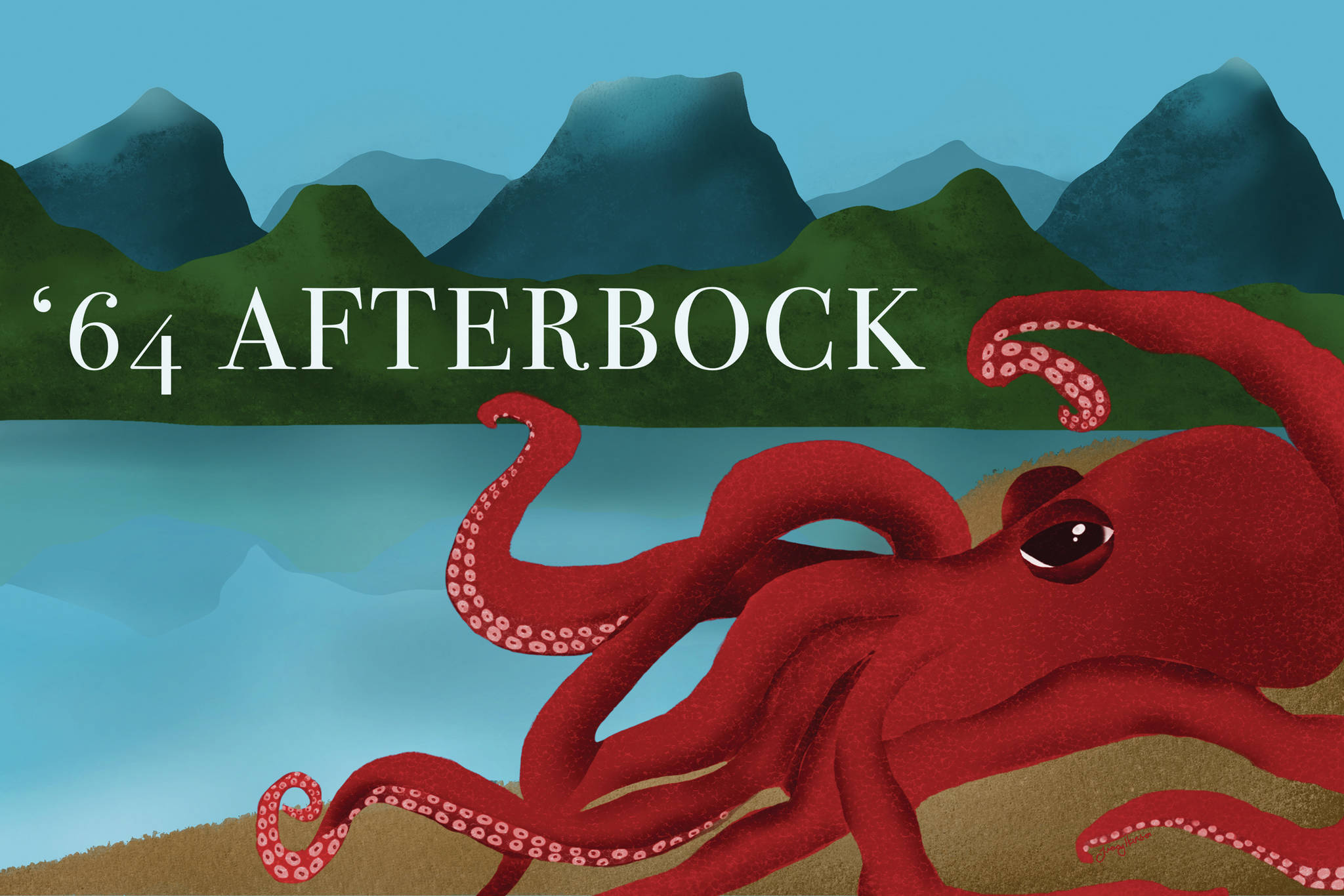 Tracey Hansen's design for Grace Ridge Brewery's '64 Afterbock beer label contest to commemorate the 20th anniversary of the Kachemak Bay National Estuarine Research Reserve (KBNERR). The designs go on exhibit and the winning label will be revealed Friday, Feb. 5, 2021, at the brewery in Homer, Alaska. (Photo courtesy of Grace Ridge Brewery)