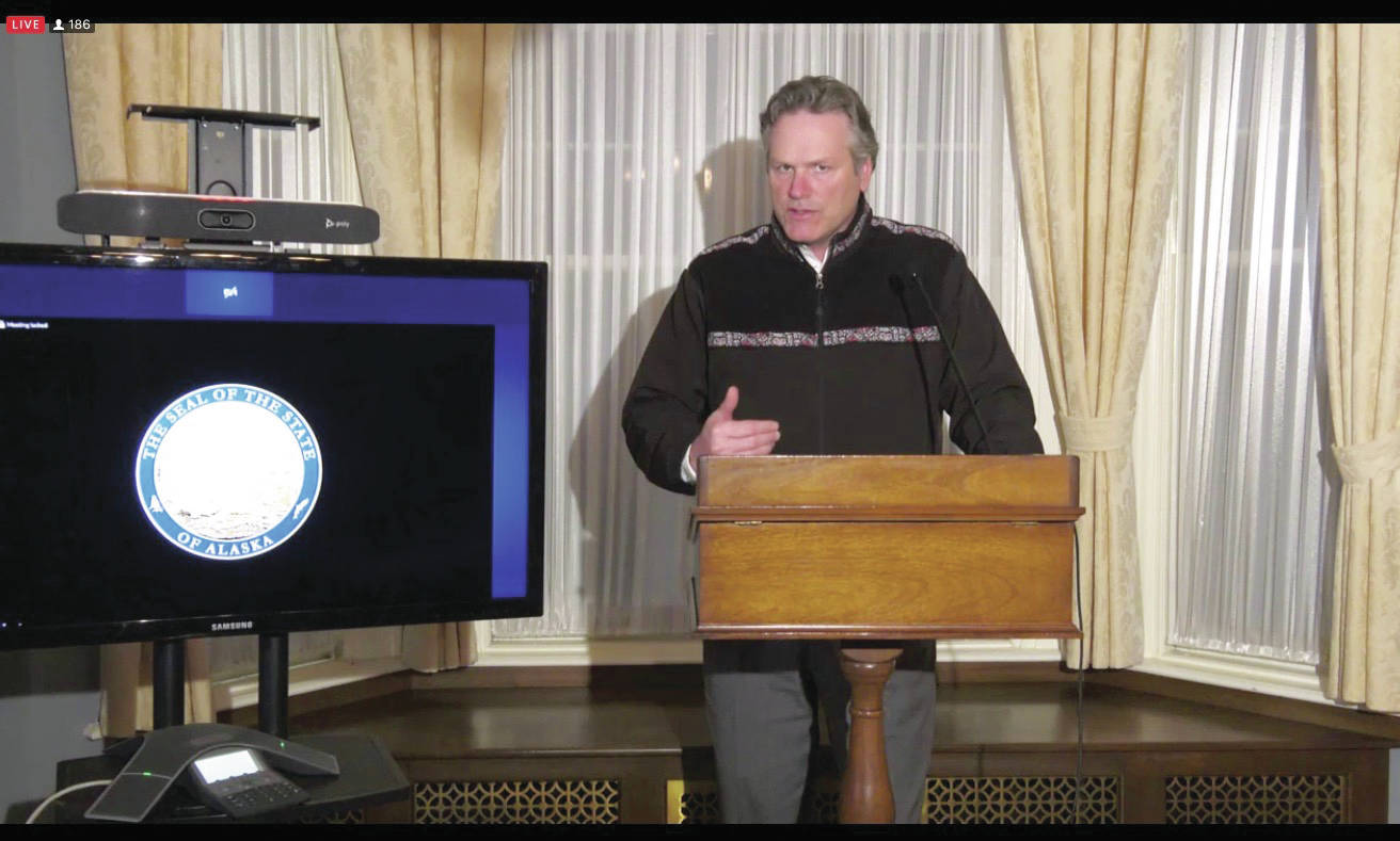 Gov. Mike Dunleavy speaks at a press conference on Wednesday, Feb. 10, in Juneau. (Screenshot courtesy Office of the Governor)