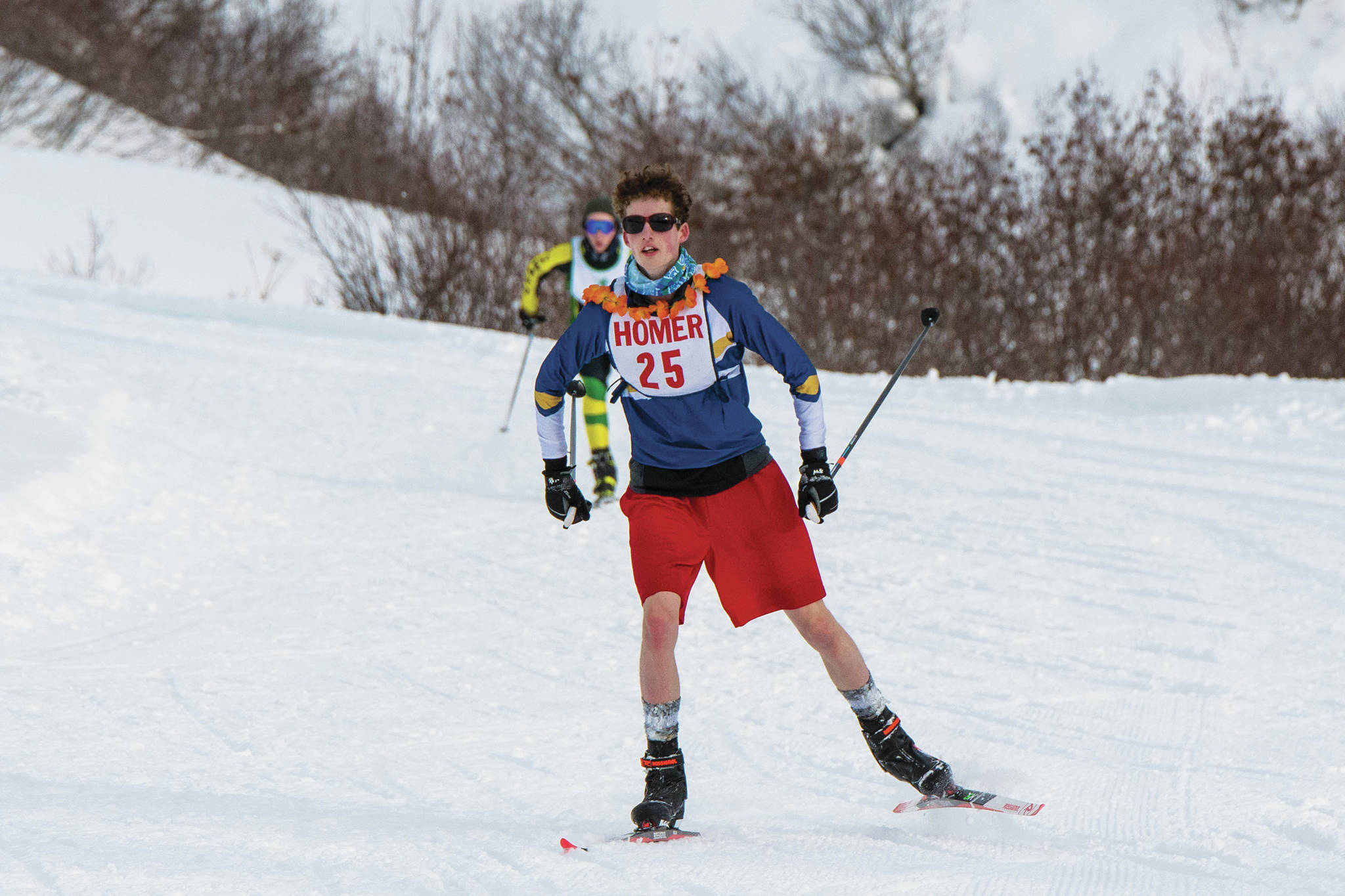 Homer’s Seamus McDonough skies the boys 5-kilometer classic race on Saturday, Feb. 13, 2021 at the Lookout Mountain Trails near Homer, Alaska. (Photo by Debbie Delker)