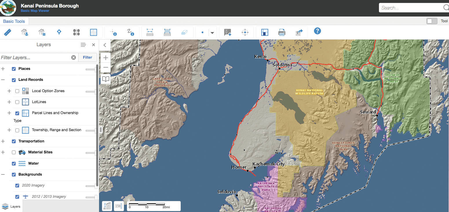 Screenshot 
A screenshot of the Kenai Peninsula Borough GIS Parcel Viewer taken on March 10, 2021, shows the different layers available, including aerial imagery.