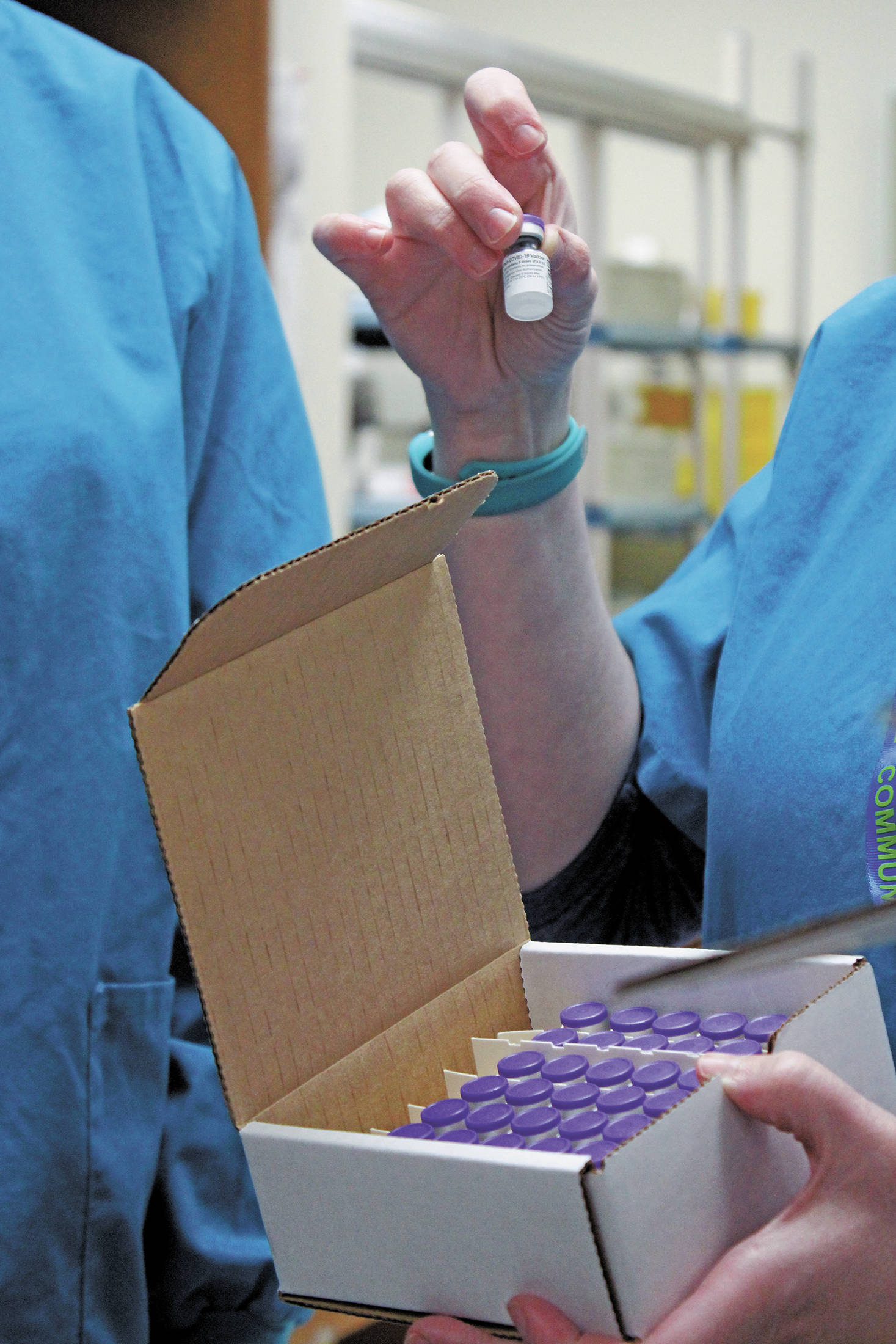 The Pfizer vaccine for COVID-19 shortly after it arrived at the South Peninsula Hospital on Wednesday, Dec. 16, 2020 in Homer, Alaska. (Photo by Megan Pacer/Homer News)