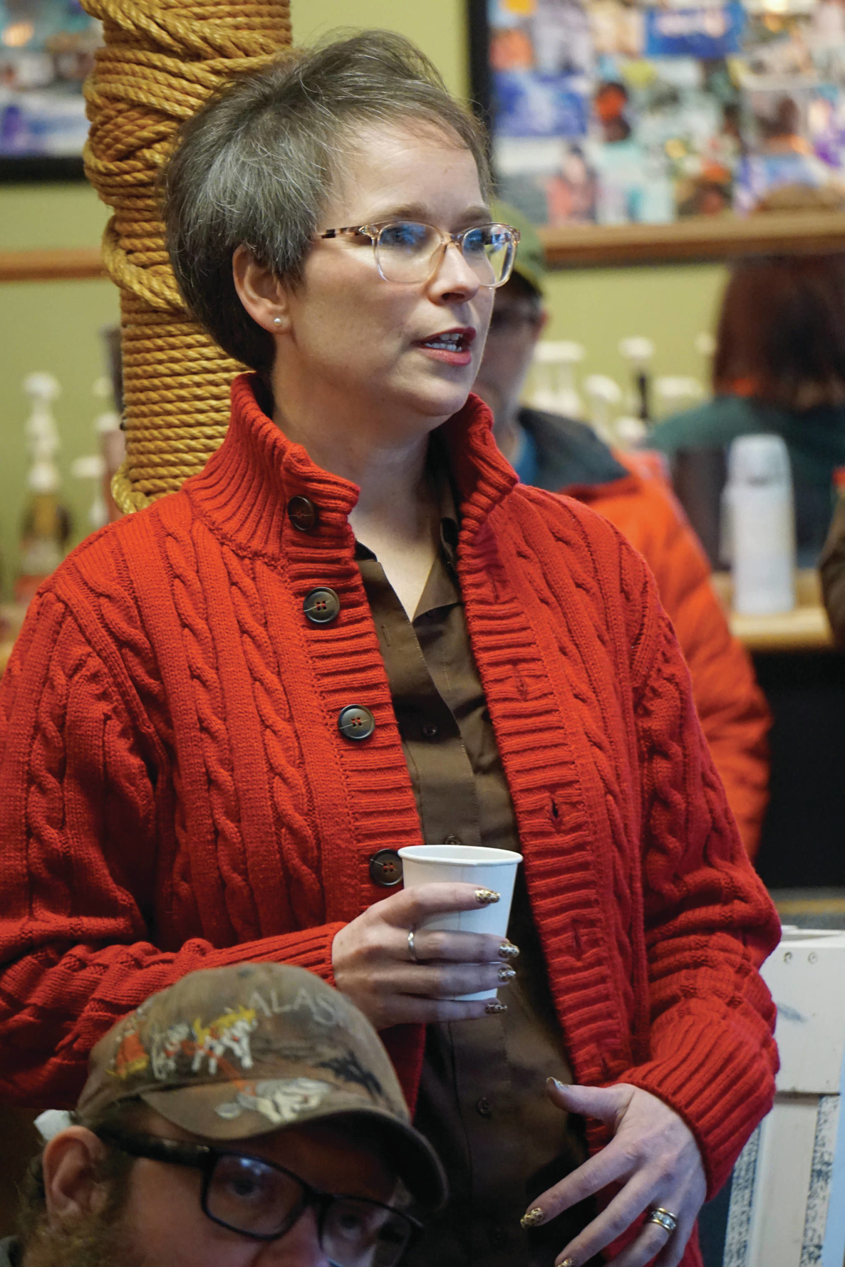 Rep. Sarah Vance, R-Homer, speaks at a town hall meeting on Monday, March 29, 2021, at Captain’s Coffee in Homer, Alaska. (Photo by Michael Armstrong/Homer News)