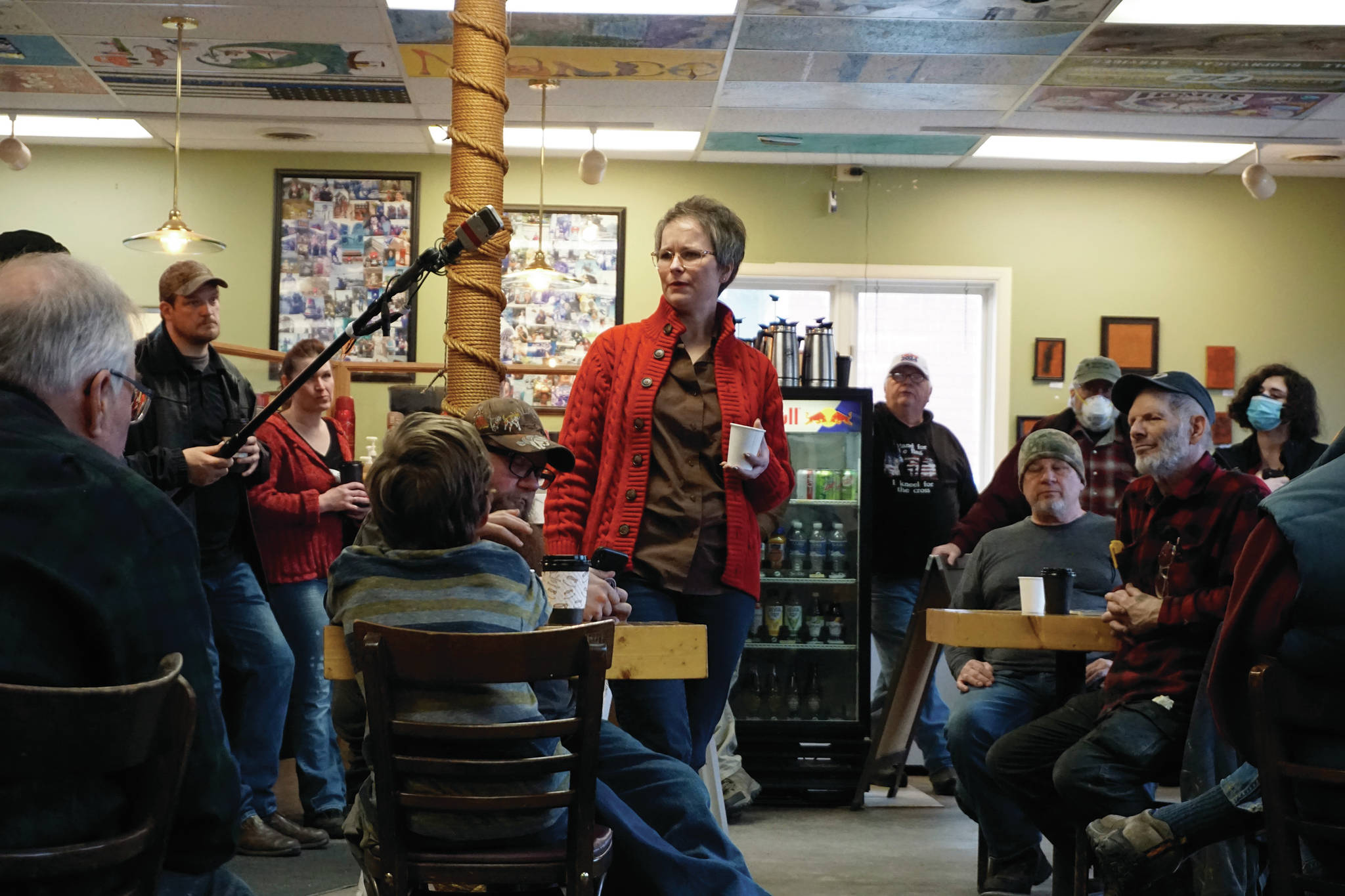 Rep. Sarah Vance, R-Homer, speaks at a town hall meeting on Monday, March 29, 2021, at Captain's Coffee in Homer, Alaska. (Photo by Michael Armstrong/Homer News)