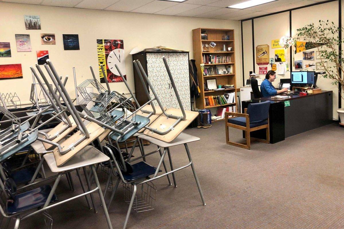 Photo by Victoria Petersen/Peninsula Clarion 
Soldotna High School English teacher Nicole Hewitt teaches her students remotely from her empty classroom at Soldotna High School on Monday, April 6, 2020 in Soldotna, Alaska.