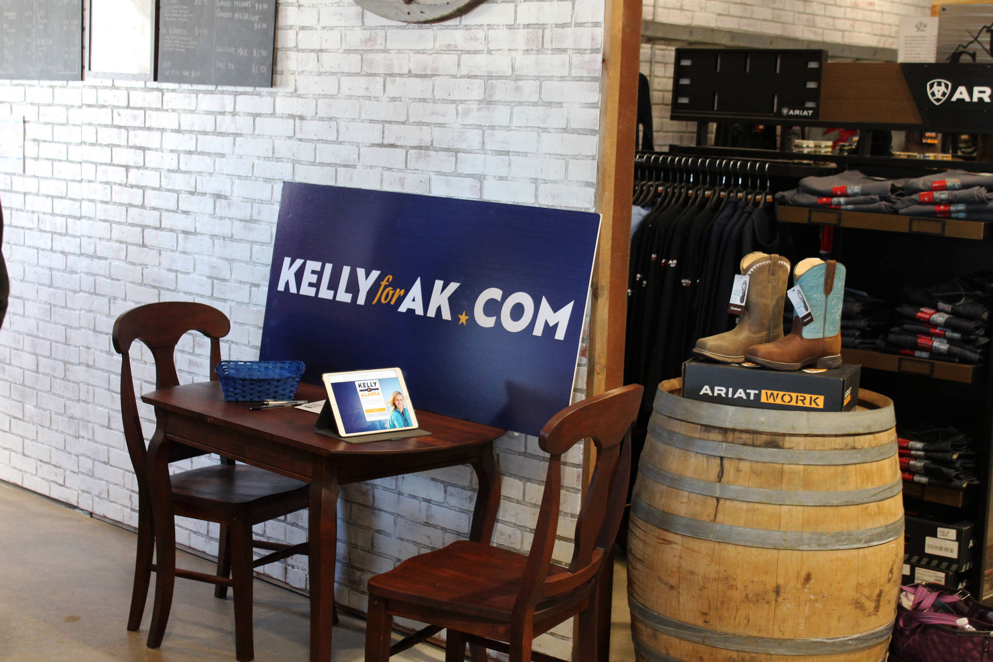 A Kelly Tshibaka campaign sign is seen inside of Nikiski Hardware & Supply on Friday, April 9 in Nikiski, Alaska. (Ashlyn O’Hara/Peninsula Clarion)