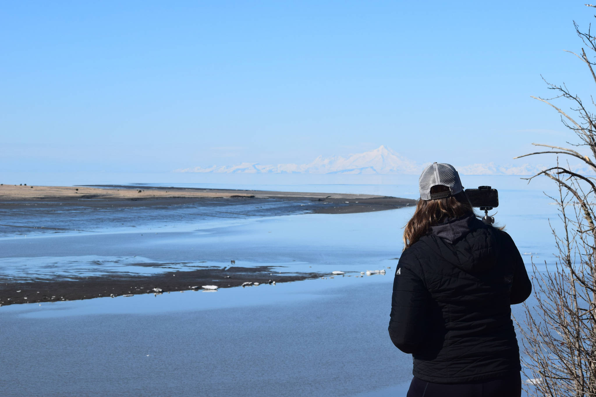 Suzanne Steinert watches as beluga whales swim up the Kenai River on Saturday, April 24, 2021. She and her volunteer team at the Beluga Whale Alliance monitor the whales in the Cook Inlet. (Photo by Camille Botello/Peninsula Clarion)