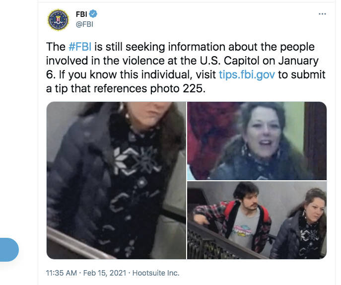 A screenshot from the FBI’s Twitter page showing a photo the FBI said was taken on Jan. 6, 2021, inside the U.S. Capitol. Marilyn Hueper said FBI agents showed her some of these images and claimed it was her. (Screenshot)