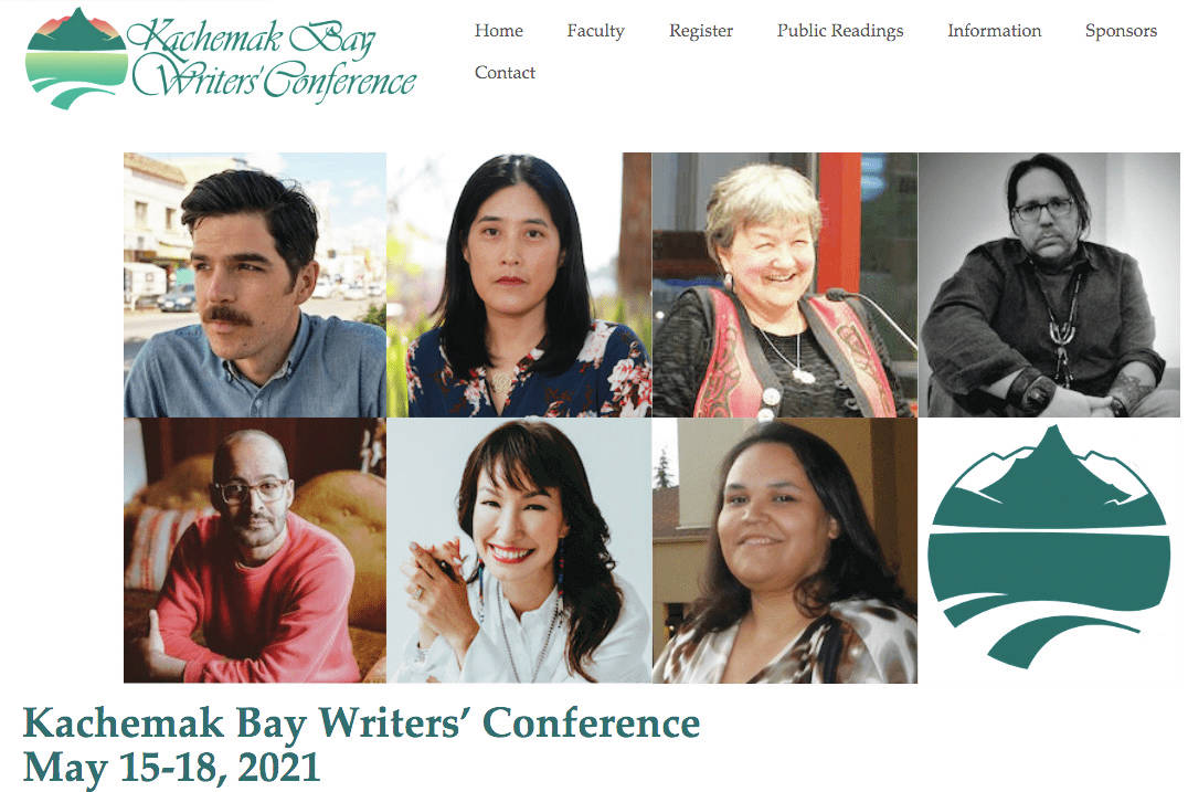 This screenshot from the Kachemak Bay Writers’ Conference website shows the faculty who will be attending the conference, held virtually May 15-18. From left to right, top row, are Francisco Cantú, Victoria Chang, Ernestine Hayes, and Brandon Hobson. From left to right, bottow row, are Anis Mojgani, Marie Mutsuki Mockett and Vera Starbard.