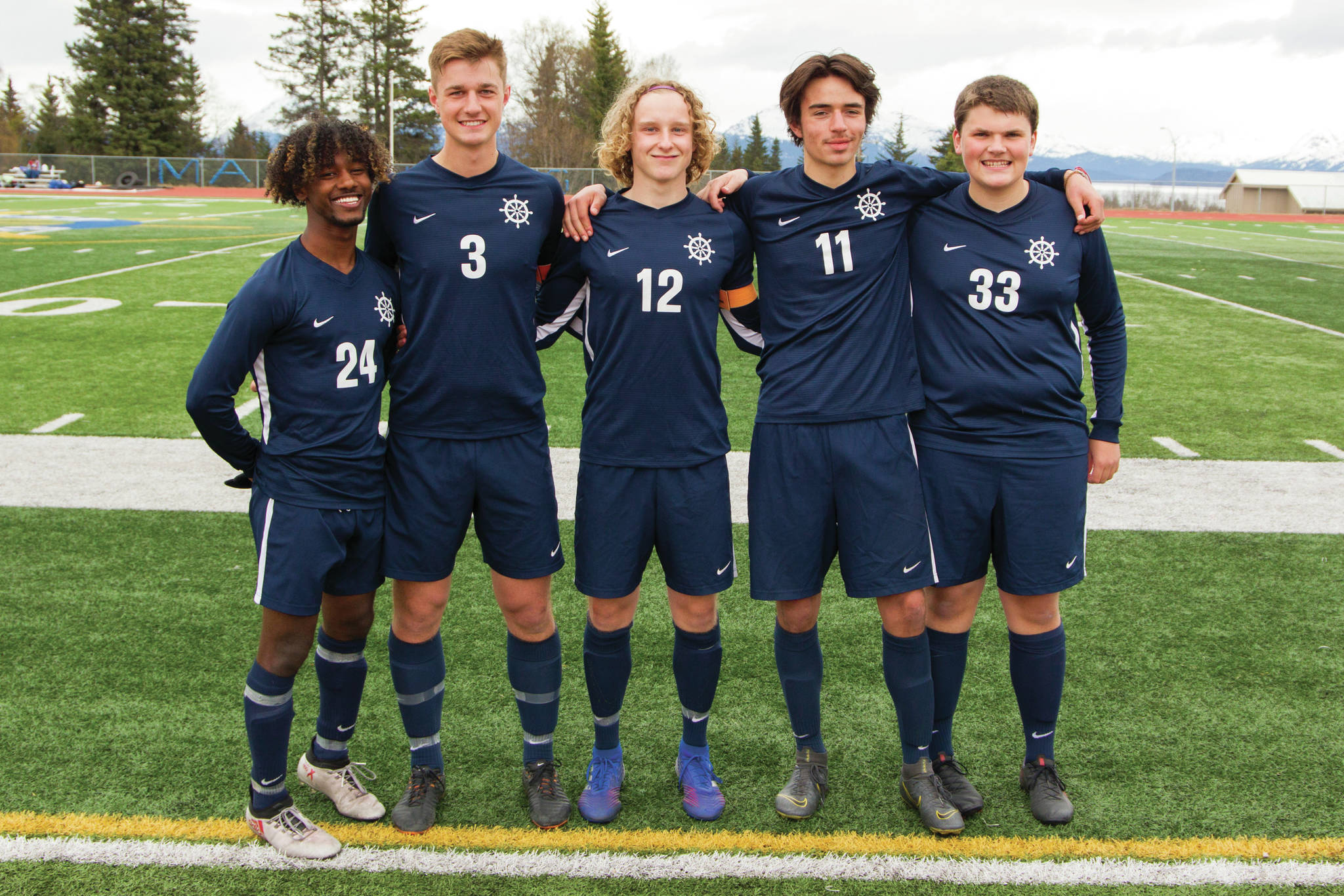 The seniors on the Homer High School boys soccer team were recognized in a ceremony May 14. Pictured left to right are Eyoab Knapp, Clayton Beachy, Parker Lowney, Tanner Reid and Owen Glasman. Not pictured is Austin Cline.