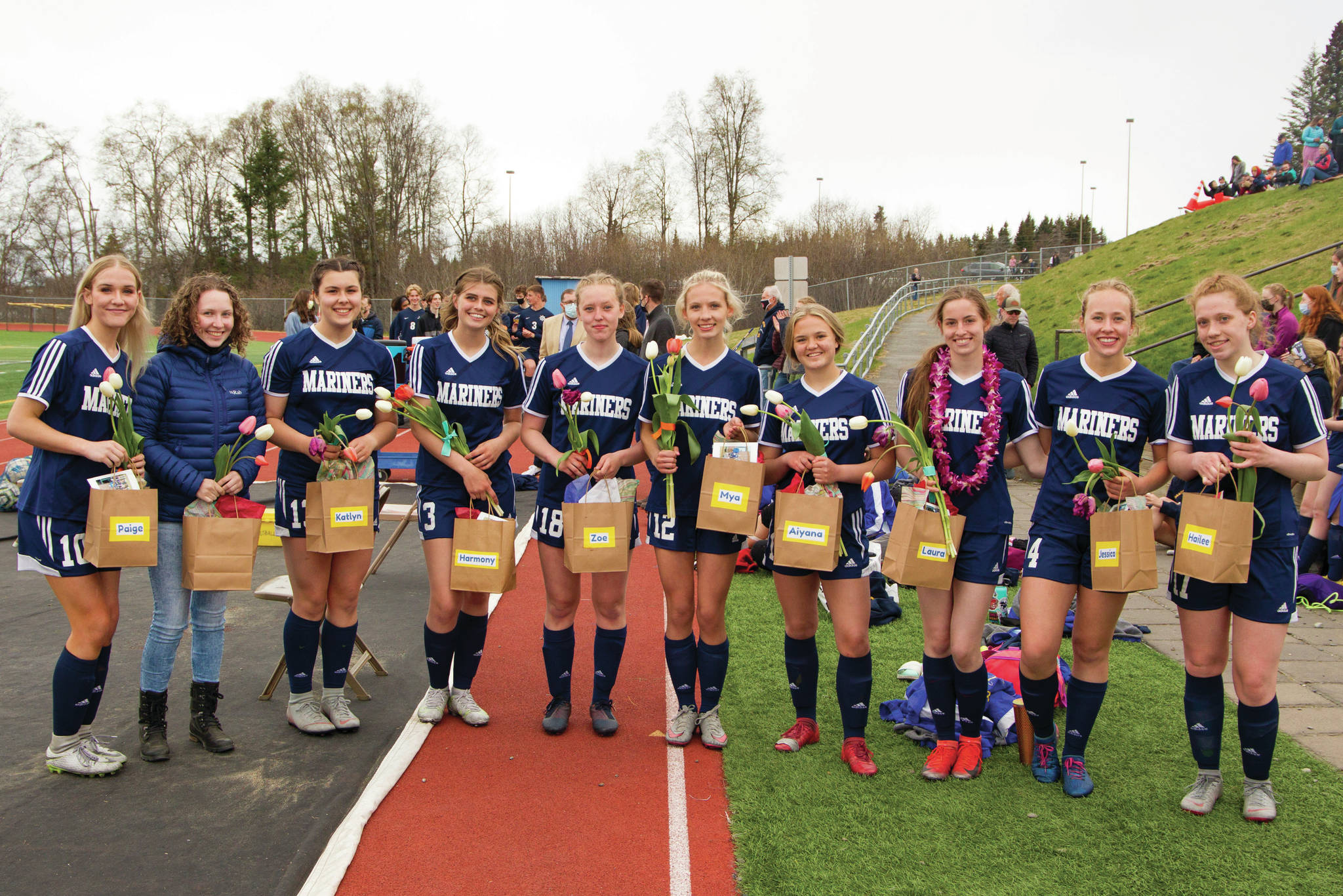 The seniors on the Homer High School girls soccer team were recognized in a ceremony May 14. Pictured left to right are Paige Jones, Katelyn Engebretsen, Katlyn Vogl, Harmony Davidson, Zoe Stonorov, Mya Houglum, Aiyana Cline, Laura Inama, Jessica Sonnen and Hailee Alexander.