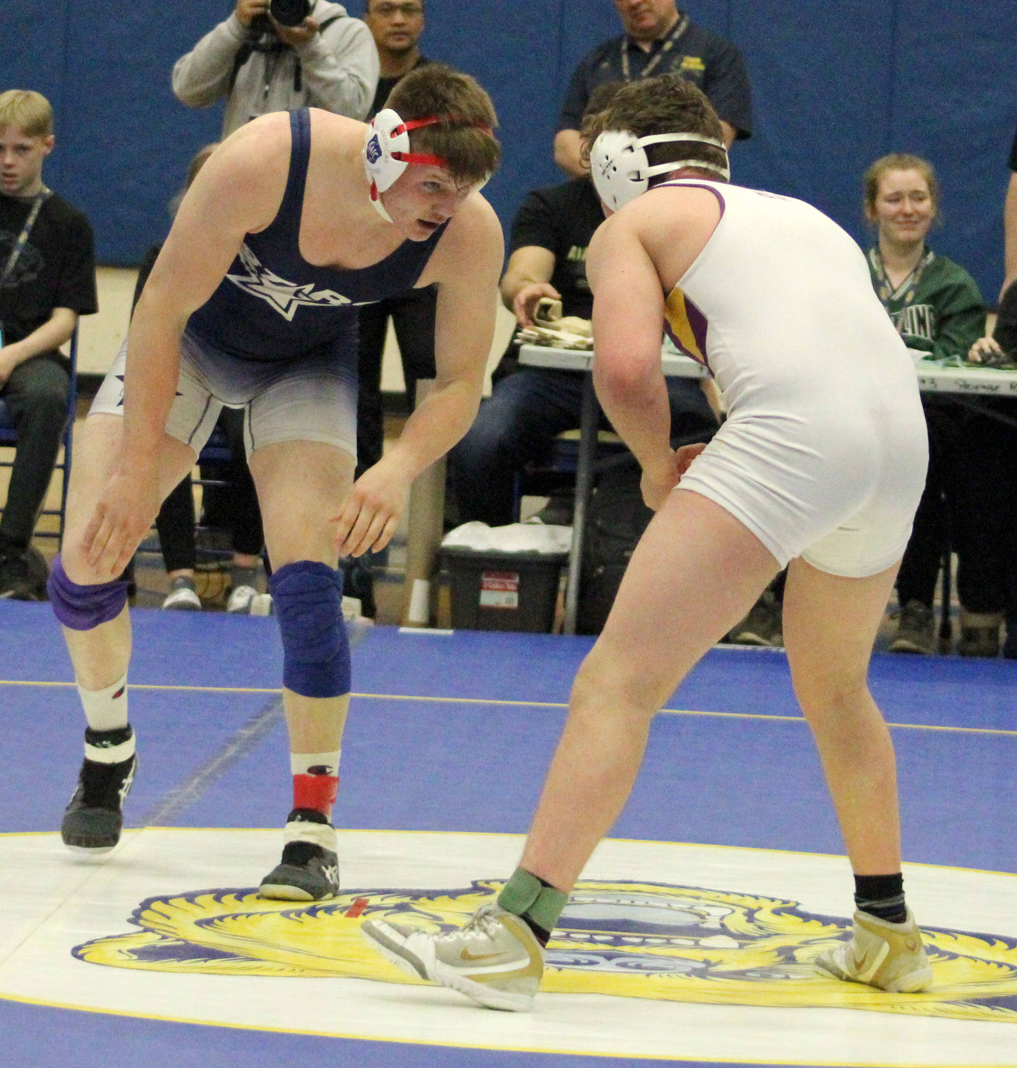 Soldotna’s Liam Babitt wrestles to a state title at 215 pounds against Lathrop’s Sean Michel on Saturday, May 22, 2021, at Bartlett High School in Anchorage, Alaska. (Photo by Jeff Helminiak/Peninsula Clarion)