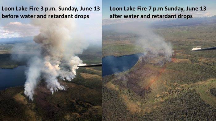 These two pictures of the Loon Lake Fire taken on Sunday, June 13, 2021, show the impact of water and retardant drops on the fire Sunday afternoon by aircraft. The photo on the left was taken at 3 p.m. prior to the aerial assault and the photo on the right was taken at 7 p.m. following the water and retardant drops. The red lines are retardant that was dropped around the fire. (Photos by Jason Jordet/Division of Forestry Air Attack)