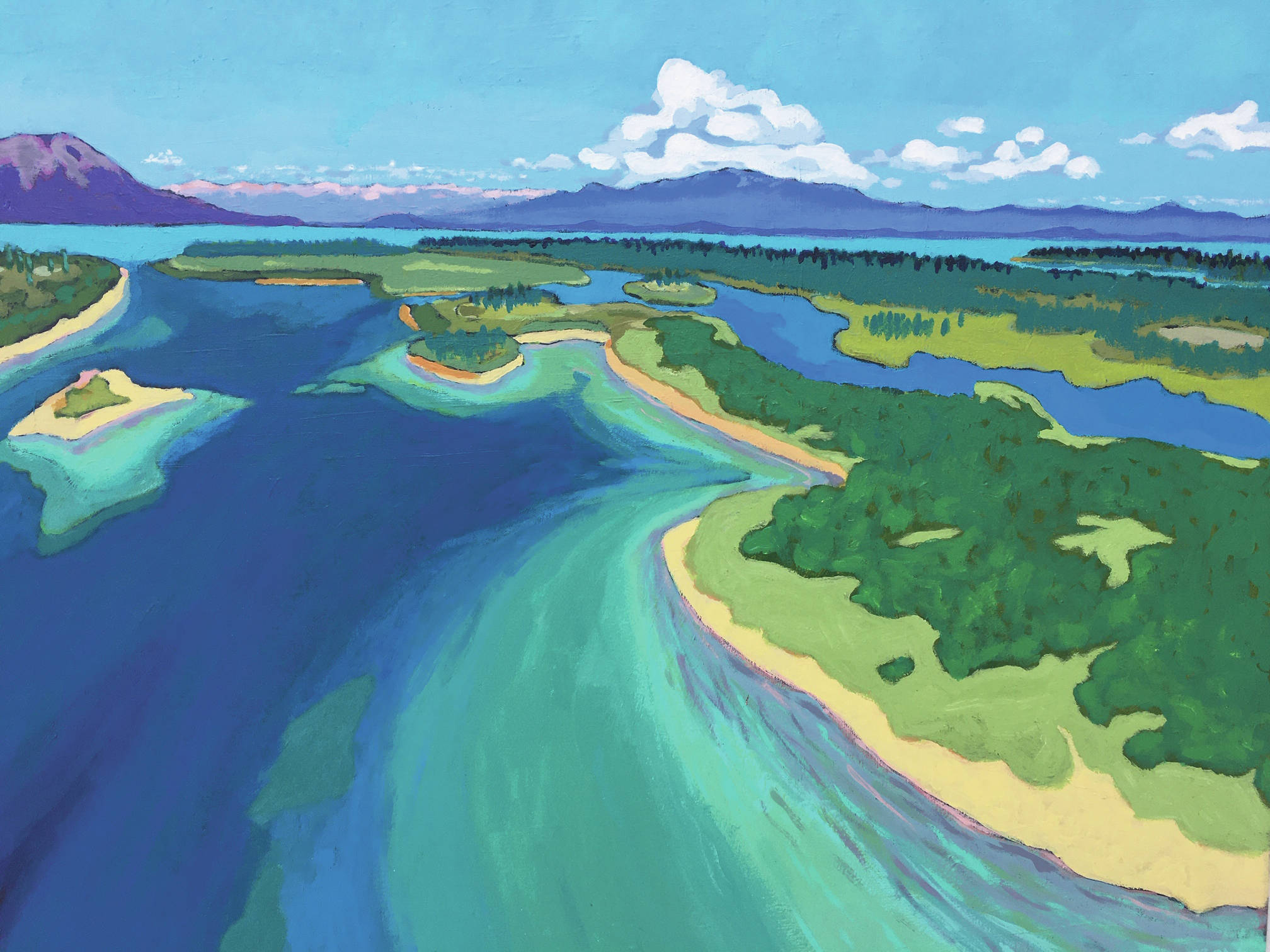 Tim Troll’s painting, “Flat Island: Lake Iliamna,” is part of his show at the Homer Council on the Arts opening Friday, July 2, 2021, at the gallery in Homer, Alaska. (Photo provided)