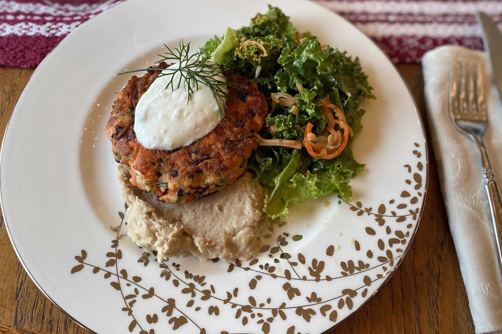 Bell pepper, cabbage and onions add flavor and texture to this salmon cake recipe. (Photo by Tress Dale/Peninsula Clarion)