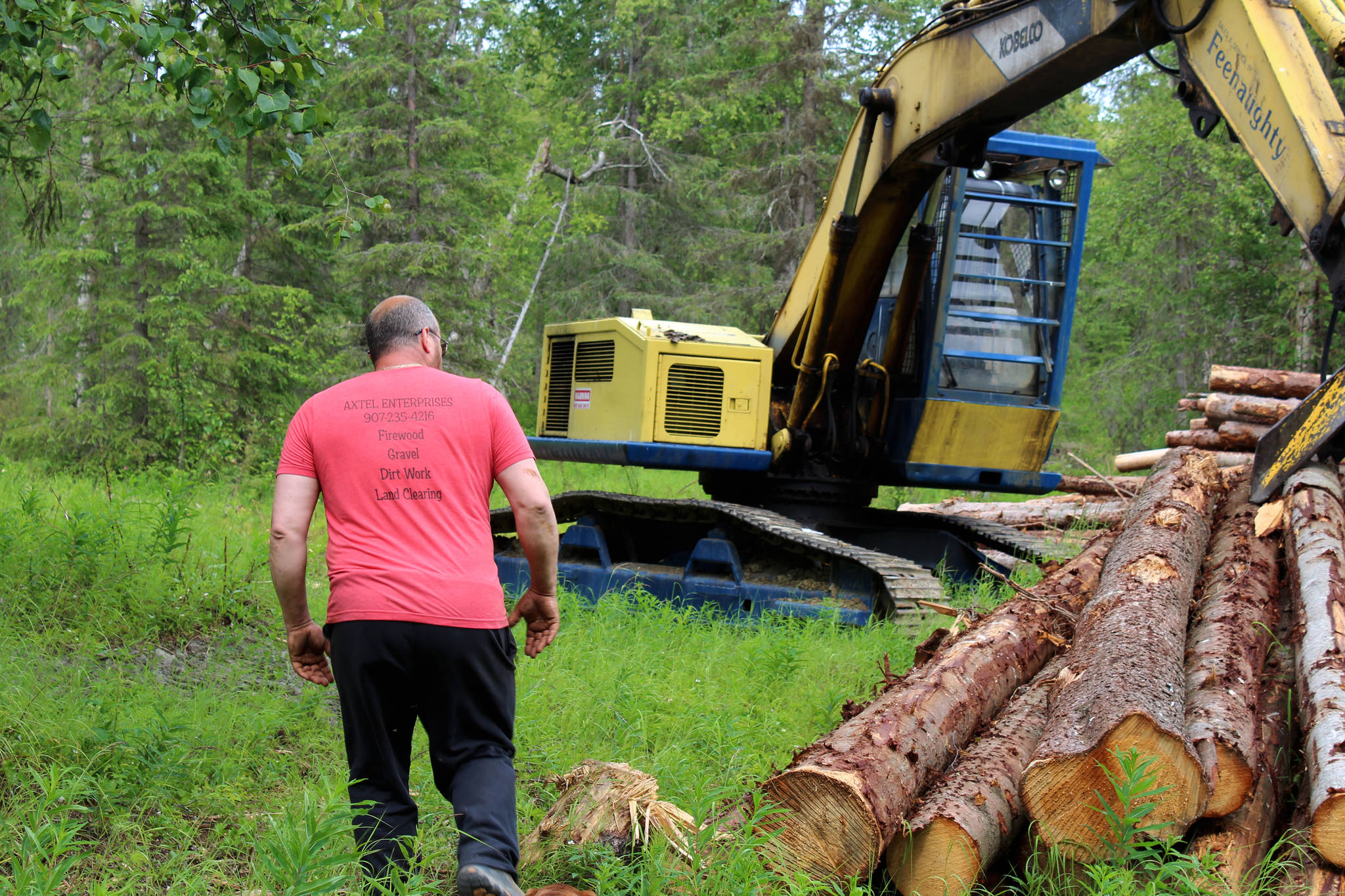 Walt Blauvelt walks toward a pile of logs near the Central Peninsula Landfill on Thursday, July 1, 2021 near Soldotna, Alaska. (Ashlyn O’Hara/Peninsula Clarion)