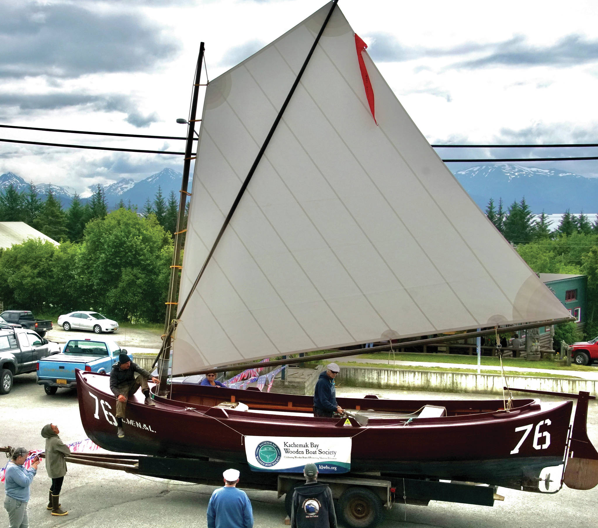 A new sail from Frank Schattauer Sails of Seattle has No. 76 one step closer for its historic voyage from Homer to Bristol Bay, as seen here at the NOMAR parking lot on July 3, 2021, in Homer, Alaska. (Photo by Ben Mitchell)
