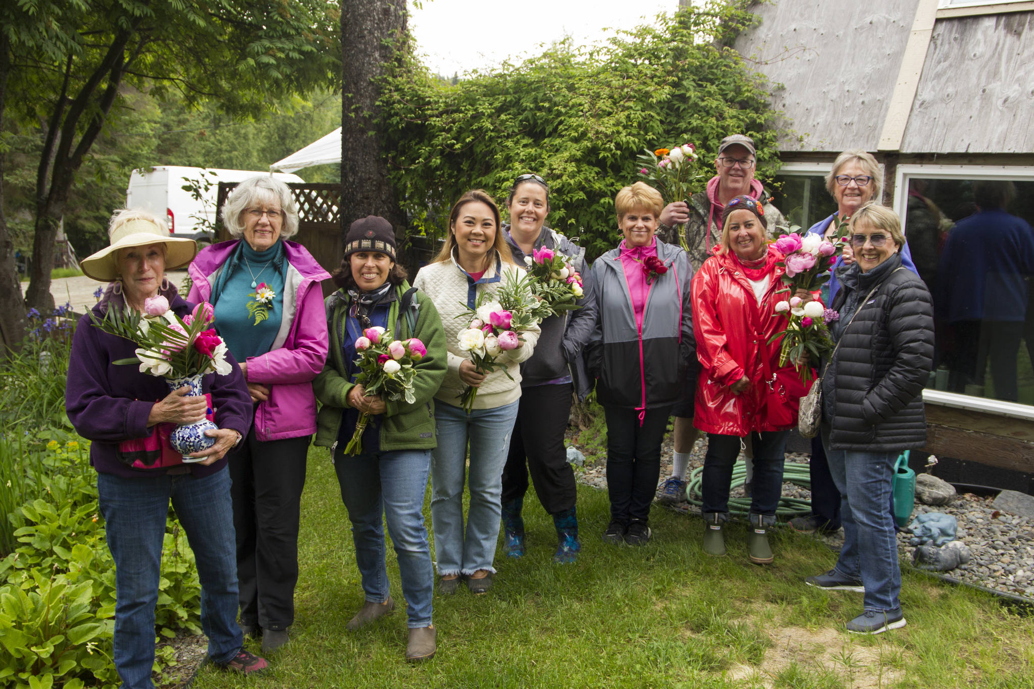 The Alaska Beautiful Peony farm hosted a tour and bouquet class as a part of the second annual Homer Peony Celebration. The group proudly showed off their finished bouquets. (Photo by Sarah Knapp/Homer News)
The Alaska Beautiful Peony farm hosted a tour and bouquet class as a part of the second annual Homer Peony Celebration. The group proudly showed off their finished bouquets. (Photo by Sarah Knapp/Homer News)