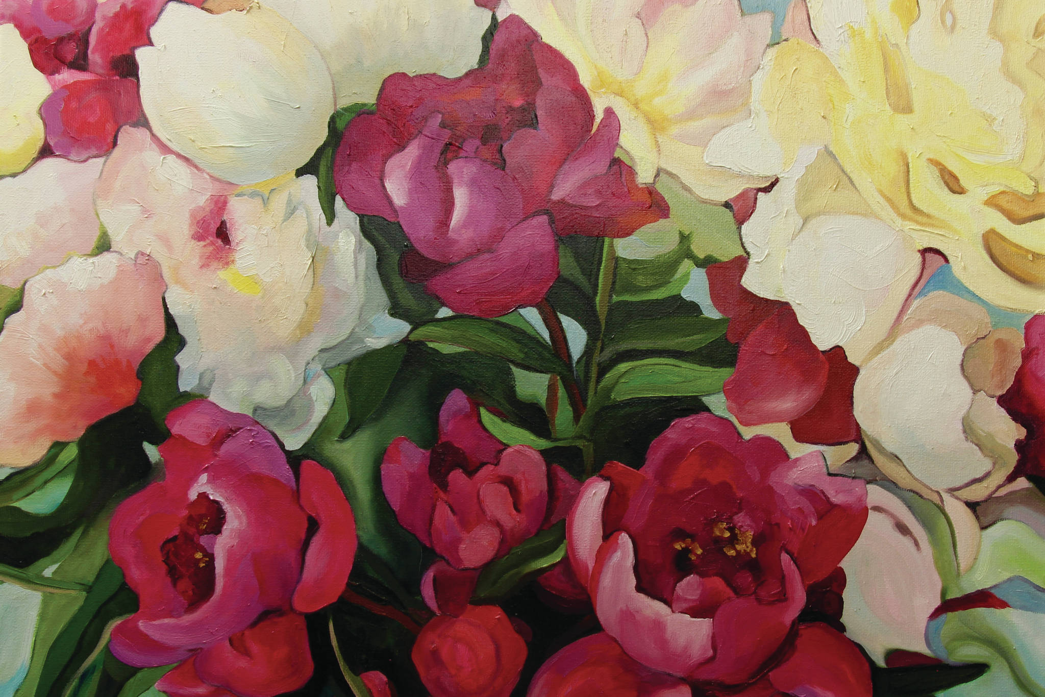A painting from Gerri Martin's exhibit, "Peonies: Alaska’s Floral Gems,” that opened Friday, July 2, 2021, at Fireweed Gallery in Homer, Alaska. (Photo provided)