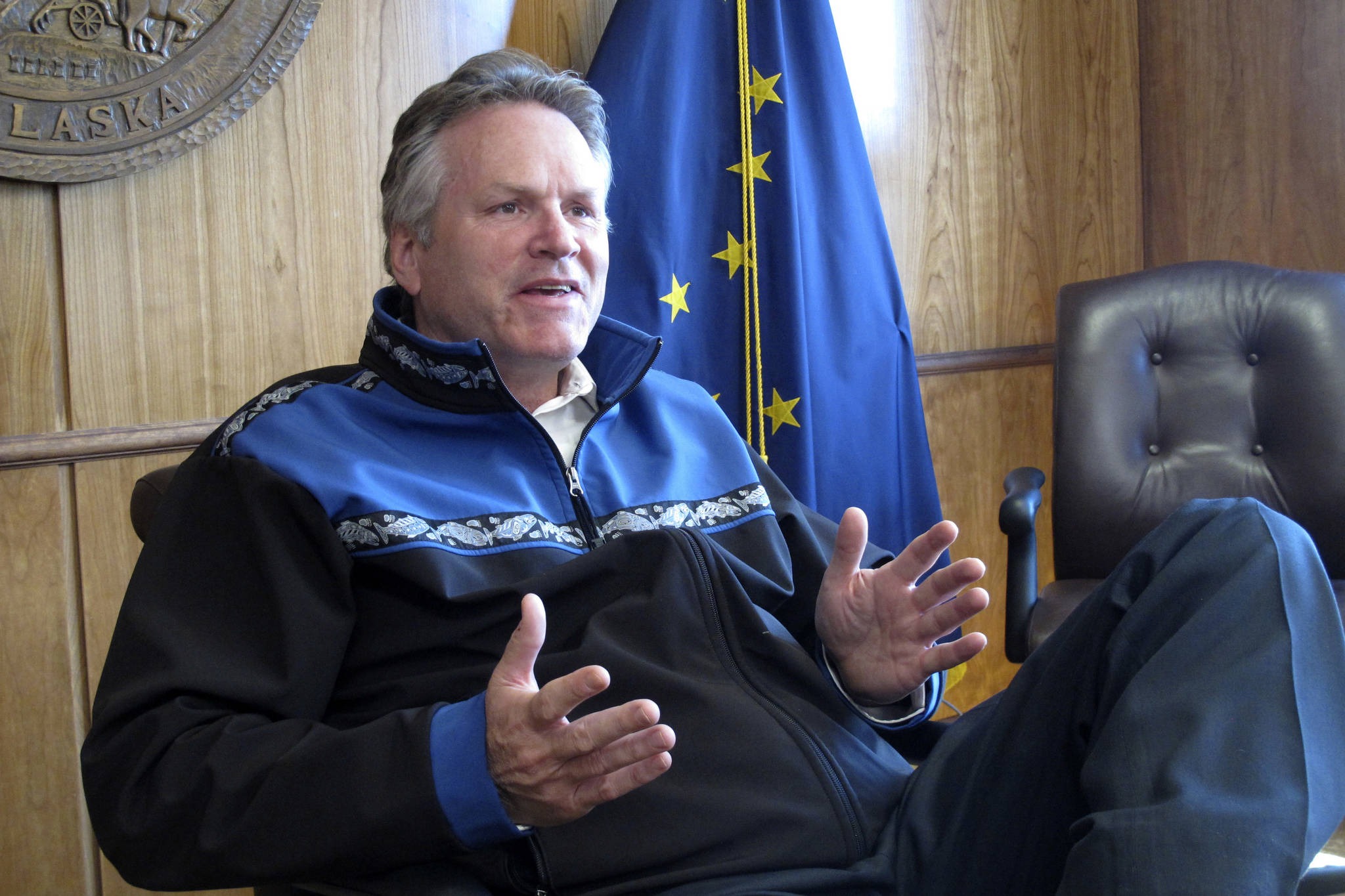 Alaska Gov. Mike Dunleavy gives an interview in the state Capitol on Monday, June 7, 2021, in Juneau, Alaska. The governor urged legislative action on his proposal for the dividend paid to residents from Alaska’s oil-wealth fund. (AP Photo/Becky Bohrer)
Alaska Gov. Mike Dunleavy gives an interview in the state Capitol on Monday, June 7, 2021, in Juneau, Alaska. The governor urged legislative action on his proposal for the dividend paid to residents from Alaska’s oil-wealth fund. (AP Photo/Becky Bohrer)