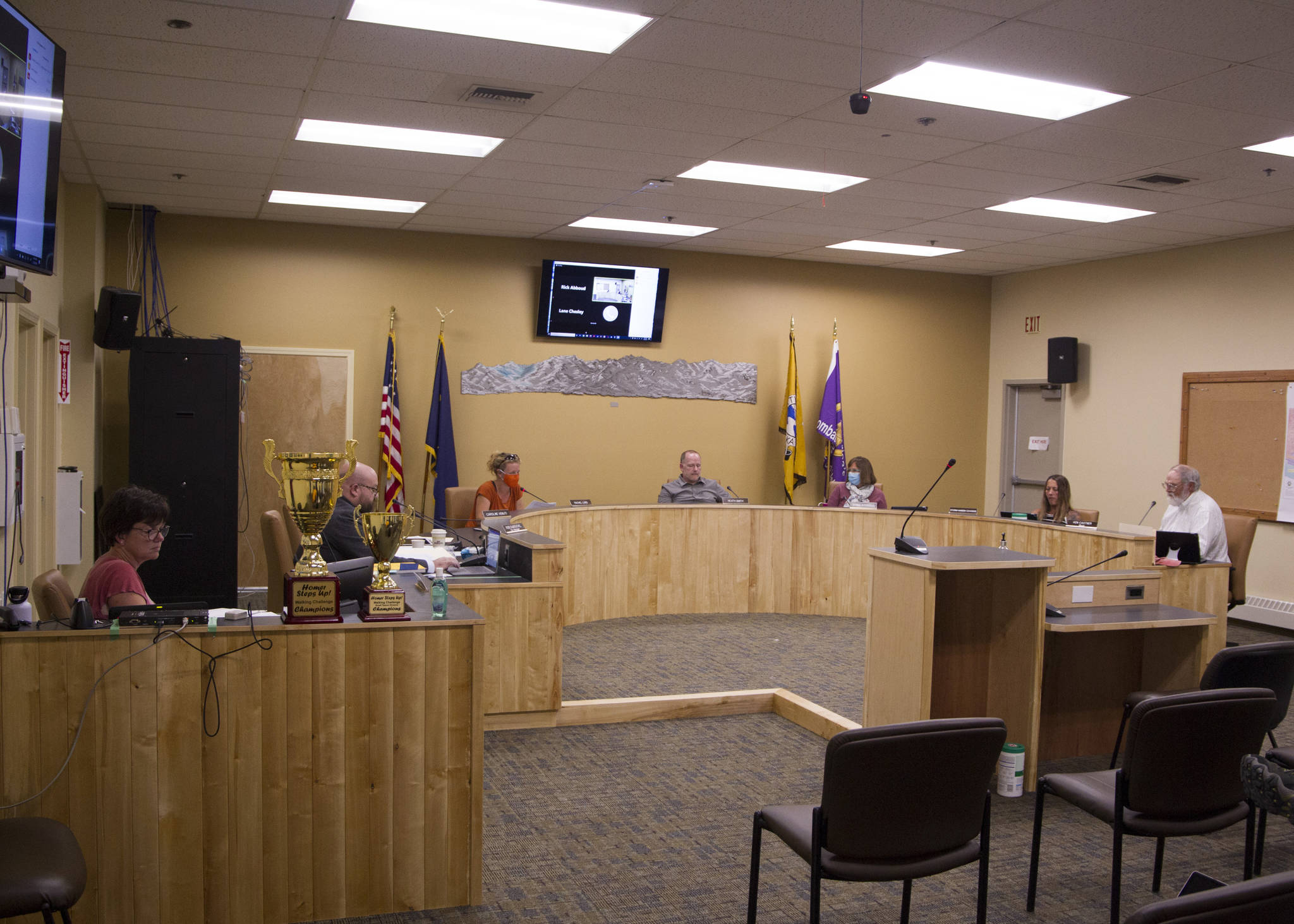 The Homer City Council met in person for the first time in the newly renovated Cowles Council Chamber on July 26. (Photo by Sarah Knapp/Homer News)