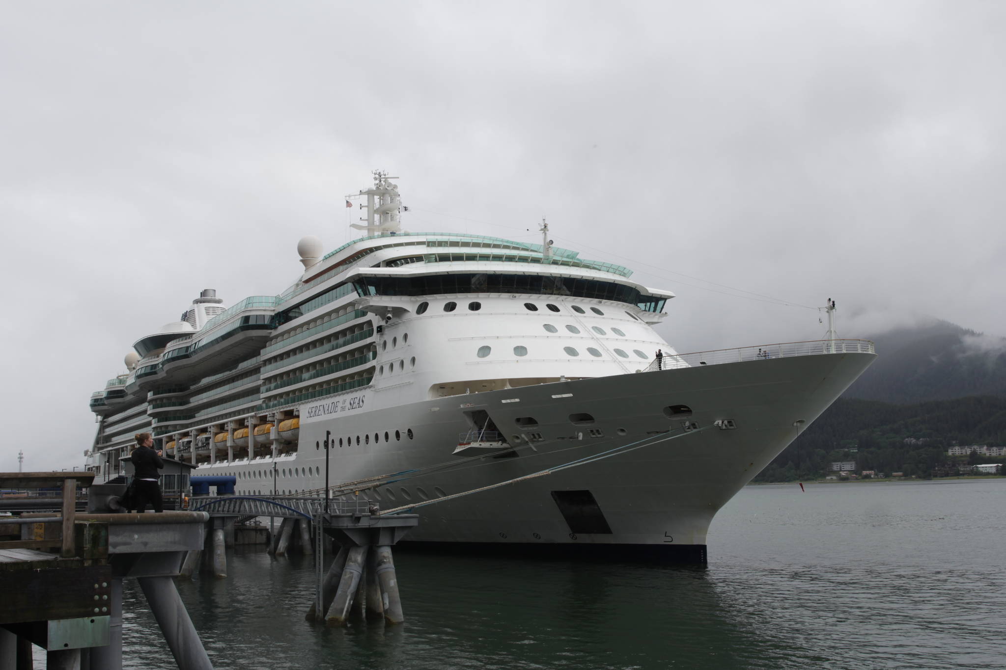 The Serenade of the Seas arrived in Juneau early Friday morning, seen here moored downtown. The Royal Caribbean cruise ship is the first large cruise ship to come to Juneau since the pandemic caused the cancellation of the 2020 cruise ship season and delayed the 2021 season. (Michael S. Lockett / Juneau Empire)