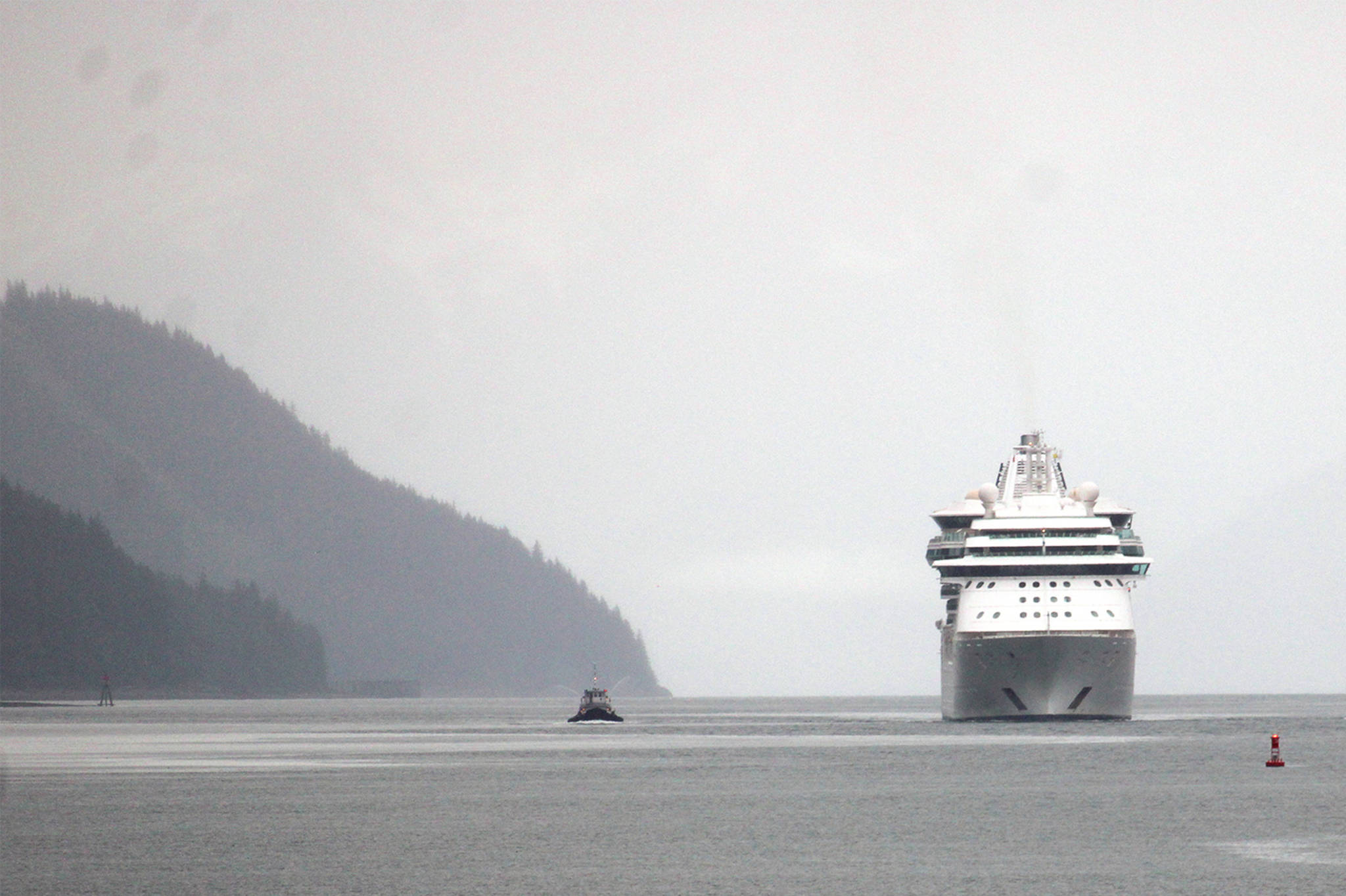 The Serenade of the Seas arrives in Juneau early Friday morning. The Royal Caribbean cruise ship is the first large cruise ship to come to Juneau since the pandemic caused the cancellation of the 2020 cruise ship season and delayed the 2021 season. (Dana Zigmund / Juneau Empire)