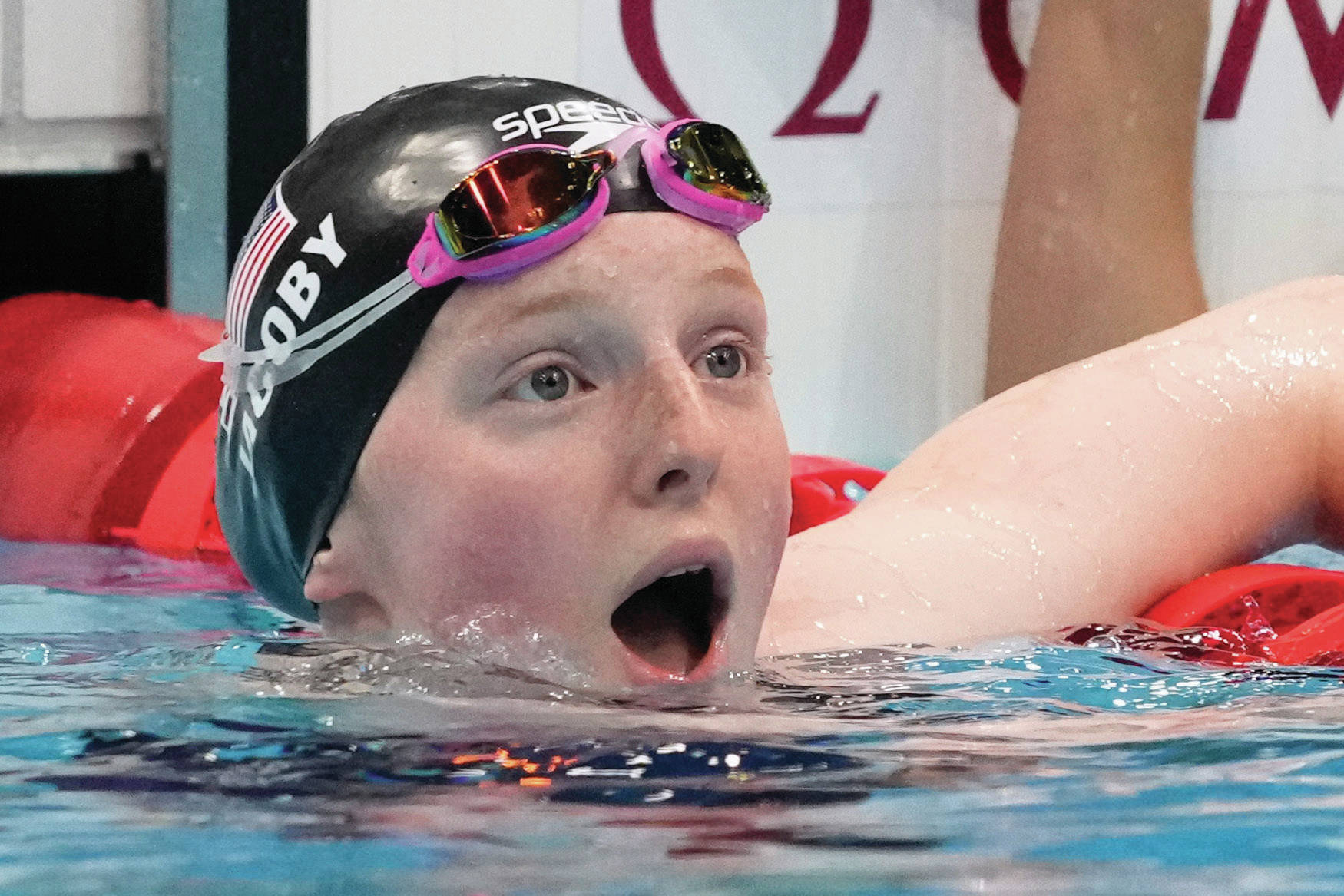 AP Photos / Petr David Josek
Lydia Jacoby, of the United States, reacts Tuesday after winning the final of the women’s 100-meter breaststroke at the 2020 Summer Olympics in Tokyo.