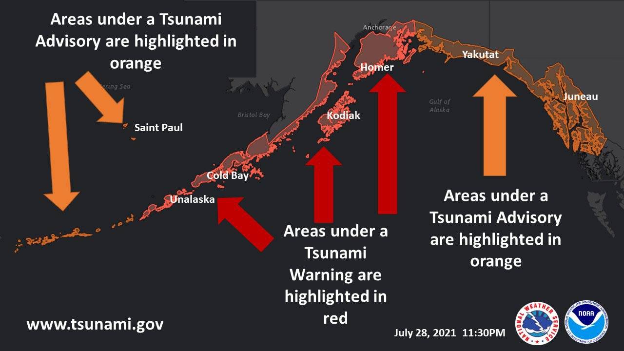 A graphic shared on the National Weather Service Anchorage’s Twitter feed shows the areas under tsunami warning after the magnitude 8.2 quake struck off the coast of Perryville, Alaska on July 28, 2021. (Photo courtesty of the National Weather Service Anchorage.)